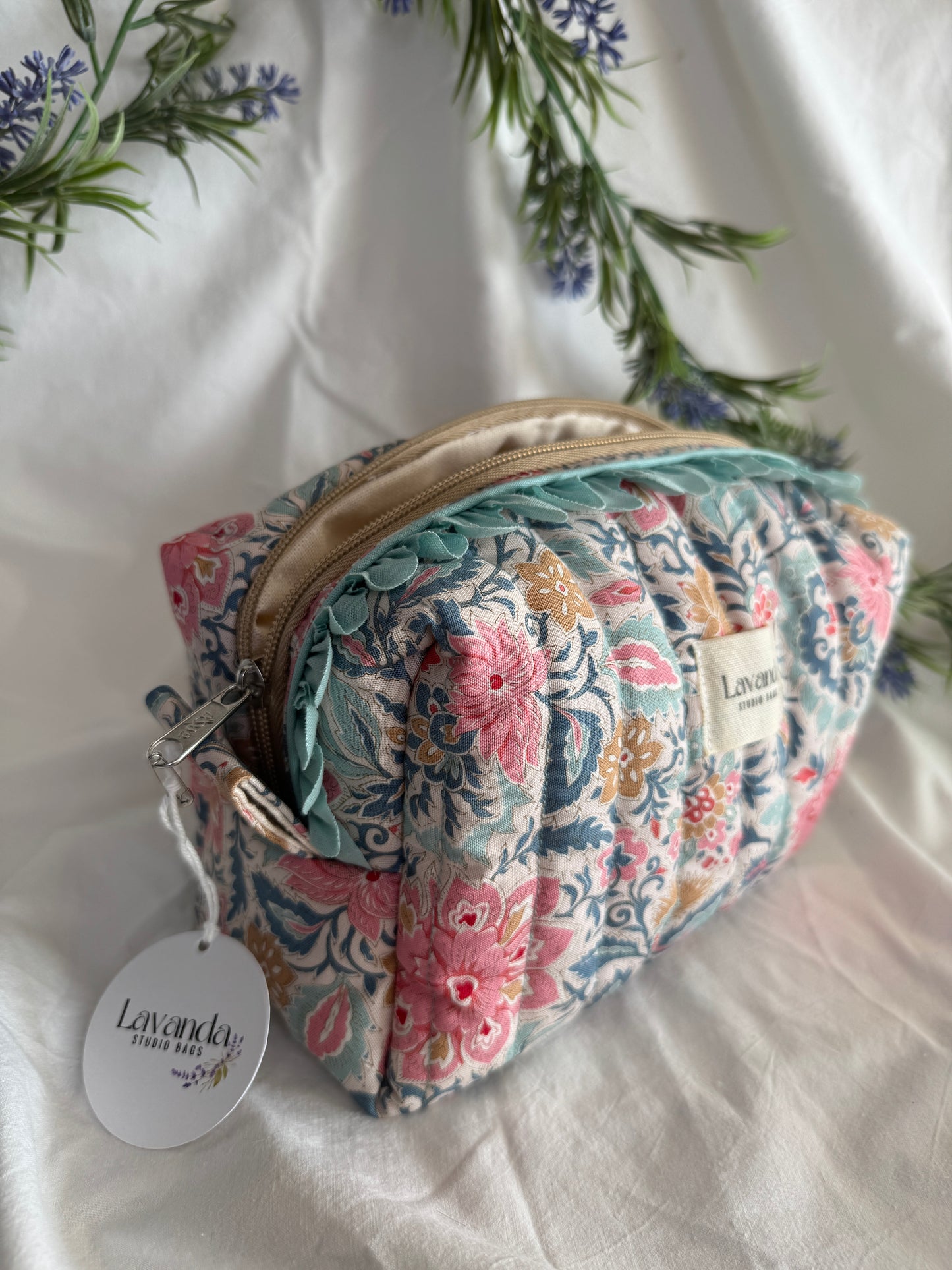 a.Cosmetic bag lilium, floral fabric.