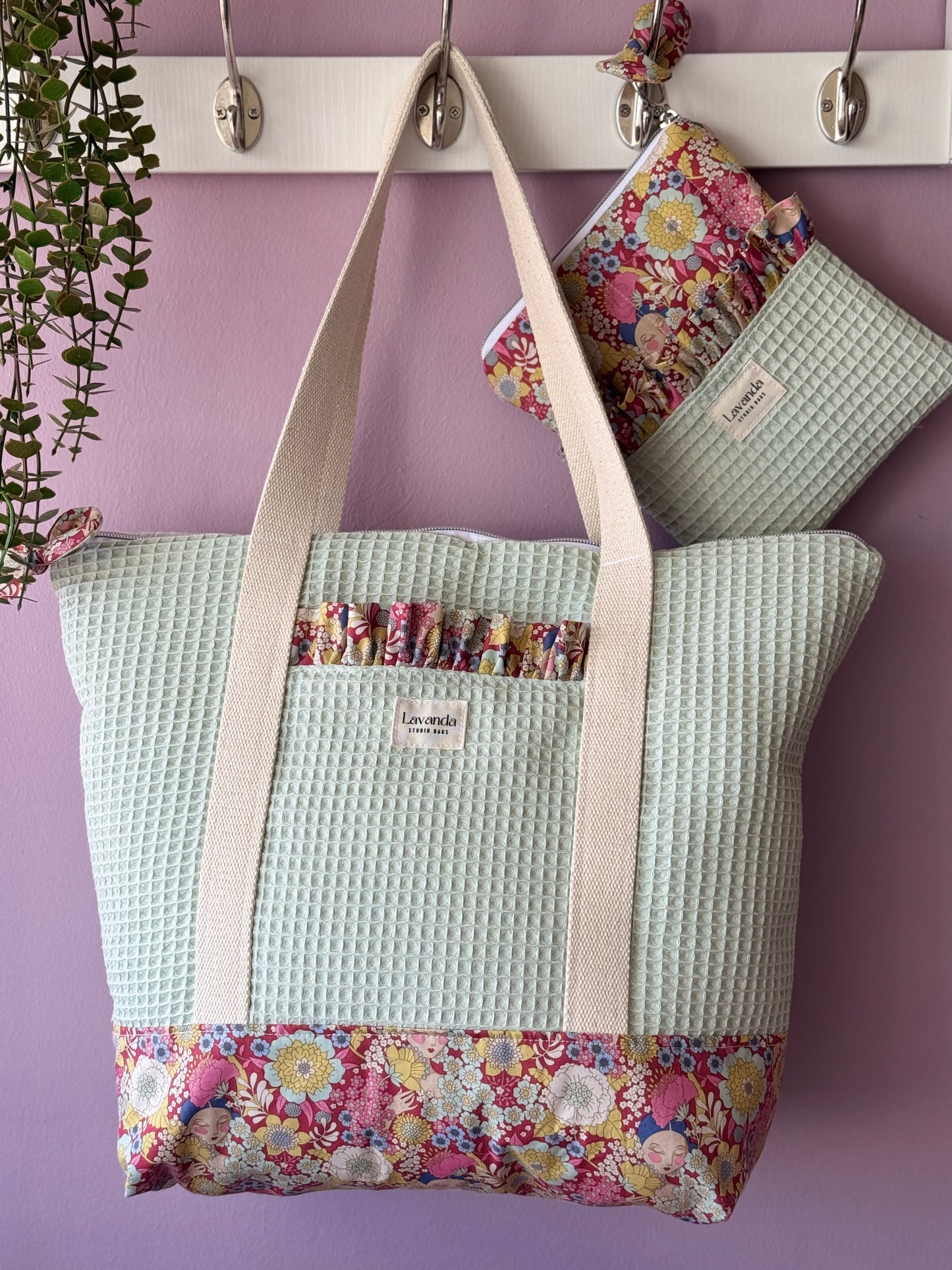 A.Tote bag mint waffle and flowers Available to make within 15 business days.