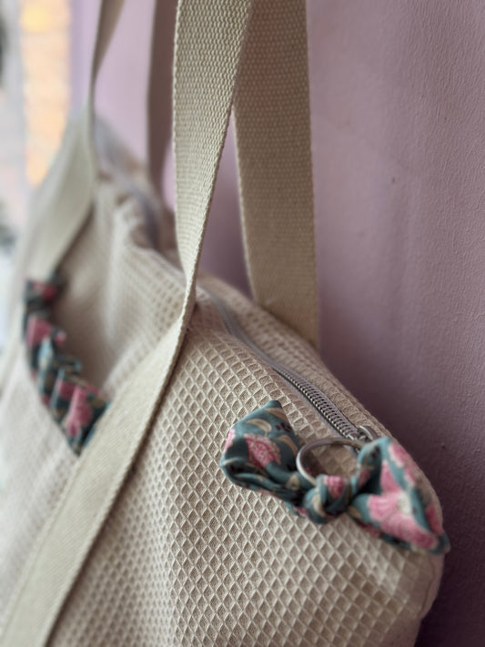 A.Tote bag Dalia beige waffle green petrol (custom bag) Available to make. Zipper