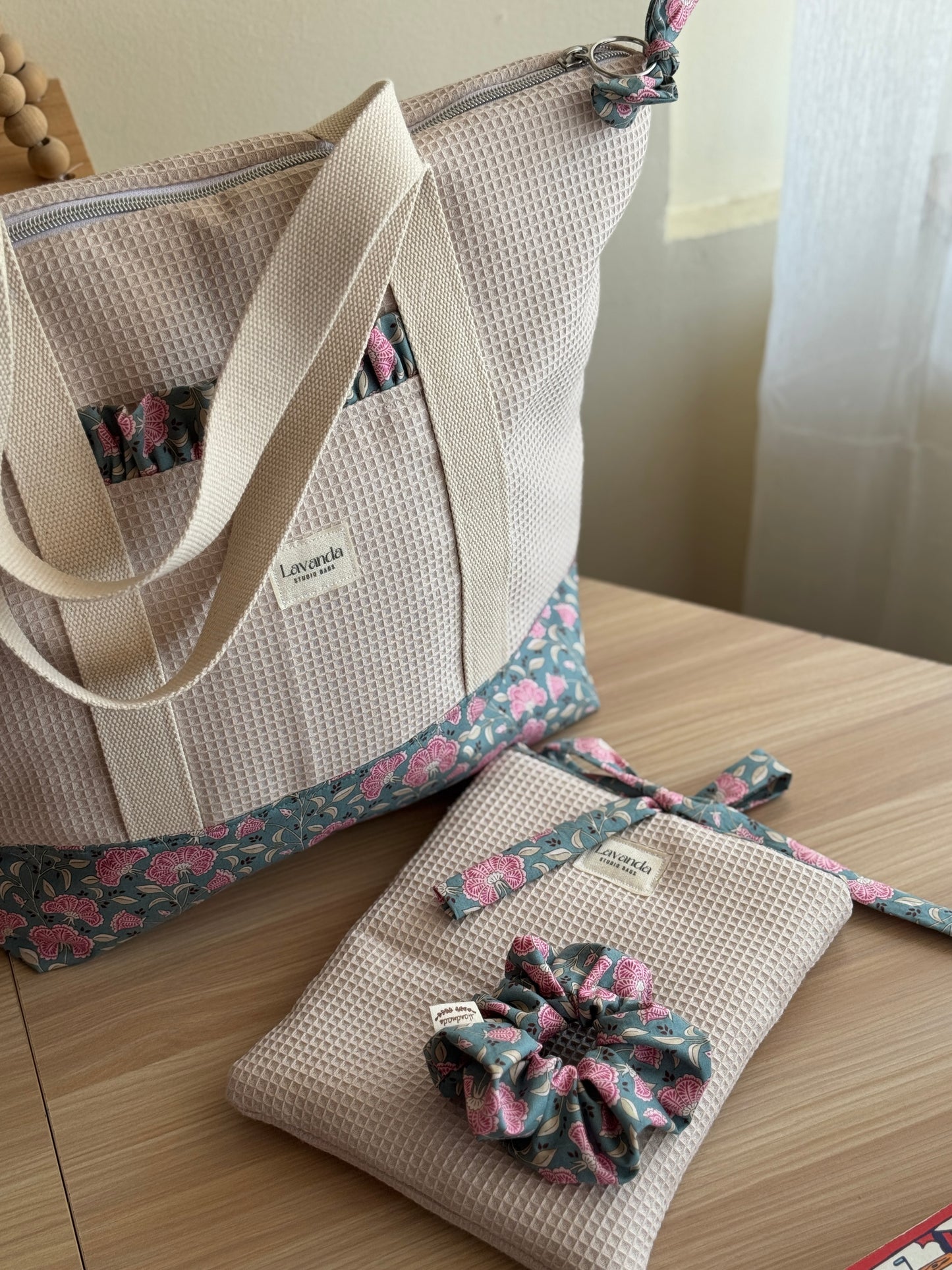 A.Tote bag Dalia beige waffle green petrol (custom bag) Available to make. Zipper