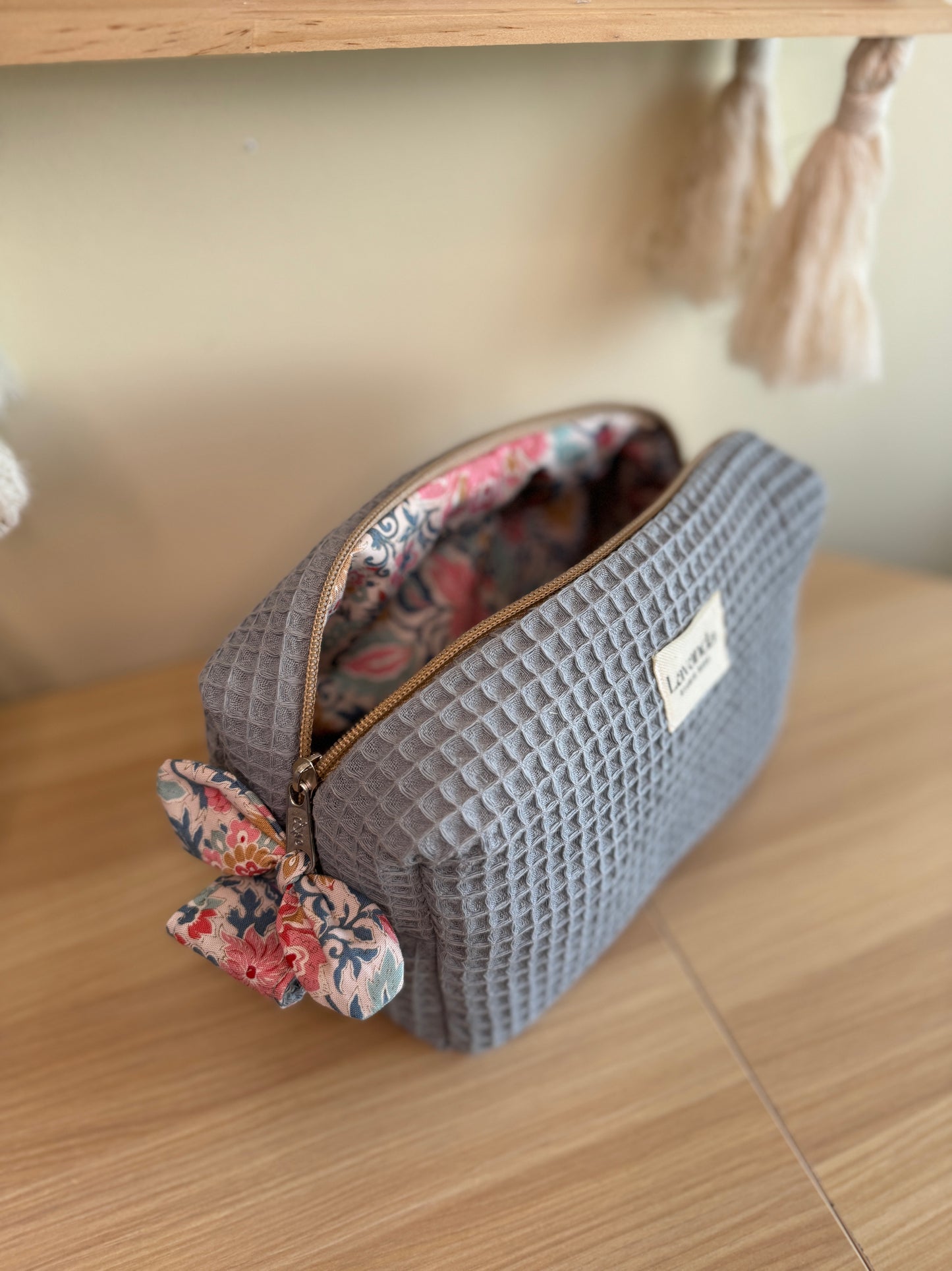 c.Cosmetic bag lilium waffle Blue waffle fabric.