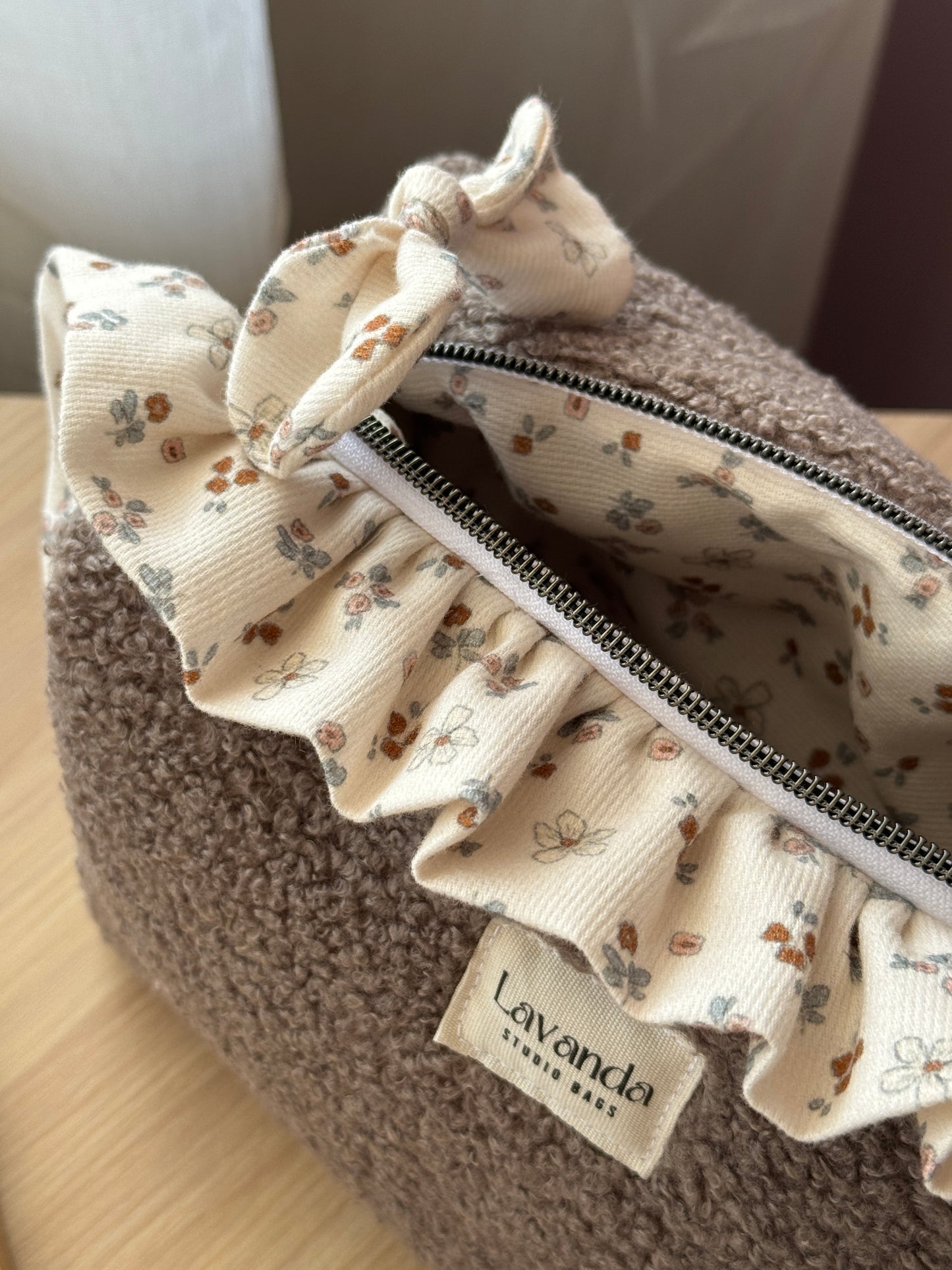 Fresia teddy cosmetic bag brawn,with ruffle.