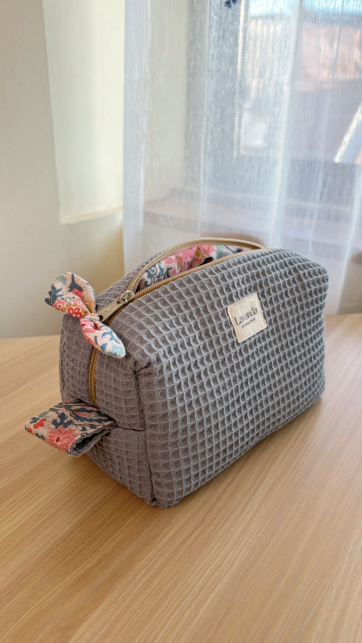c.Cosmetic bag lilium waffle Blue waffle fabric.