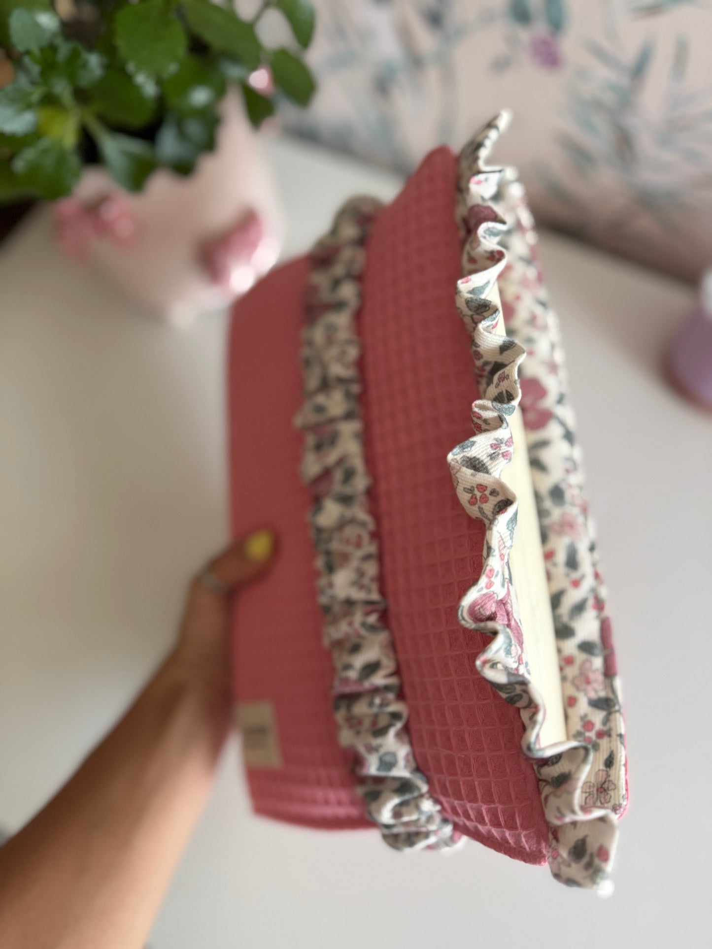 New! Book cover with flaps waffle fabric and flowers.