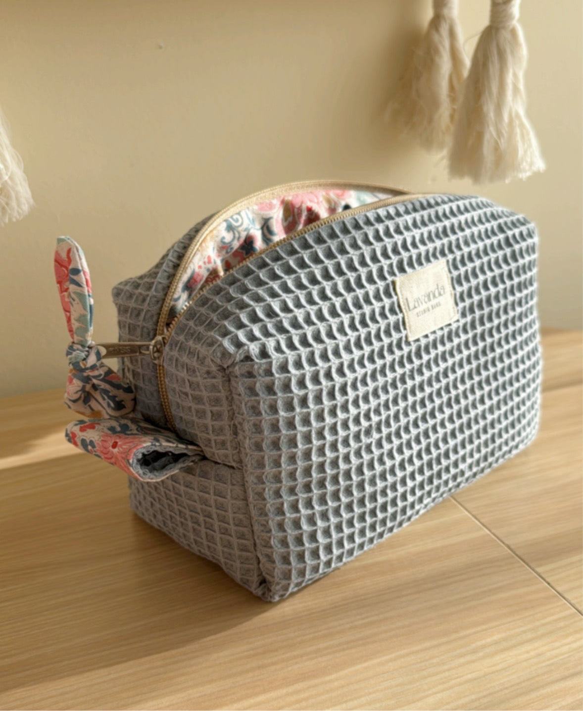 c.Cosmetic bag lilium waffle Blue waffle fabric.