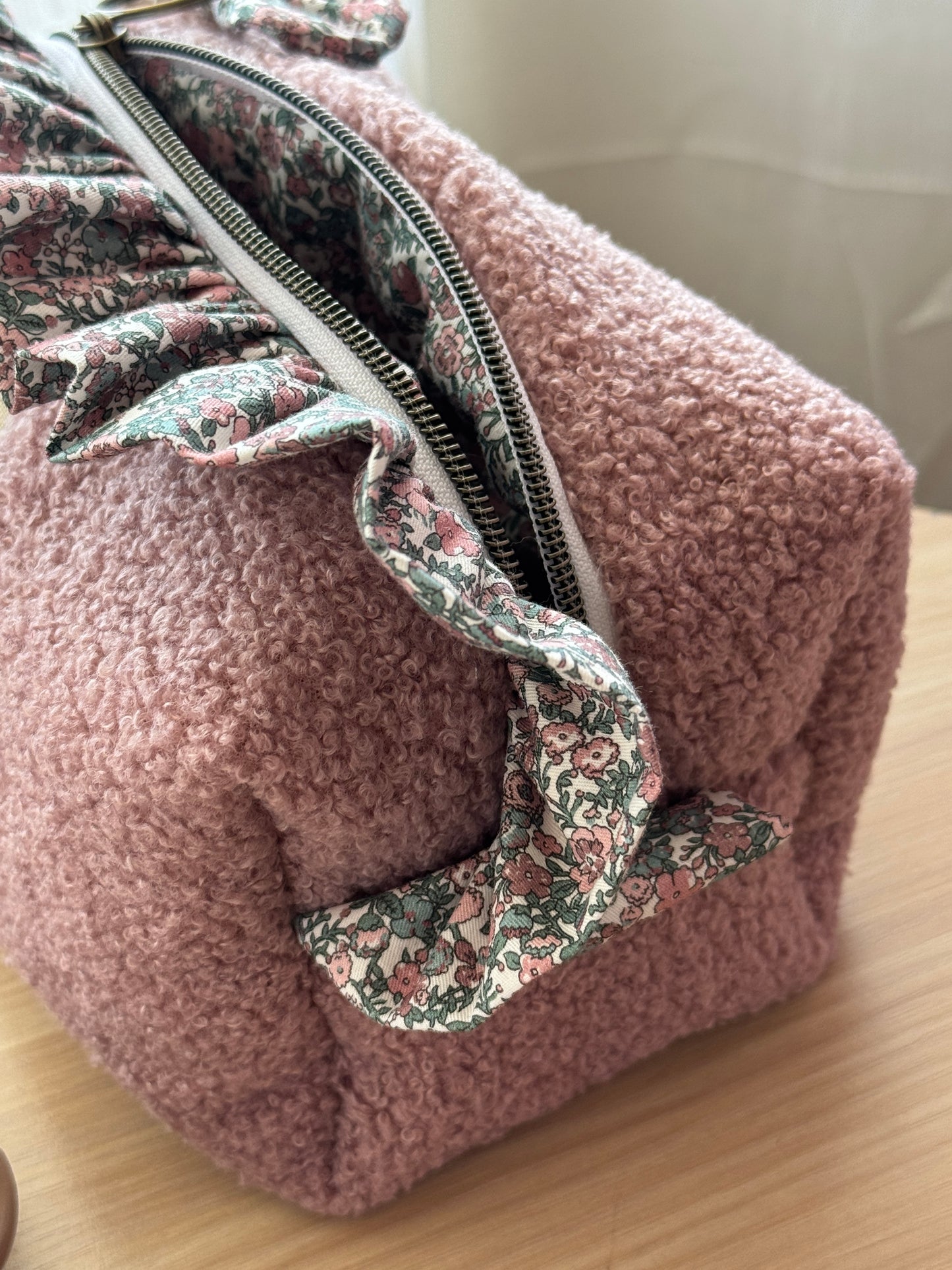 Fresia teddy cosmetic bag old pink with ruffle.