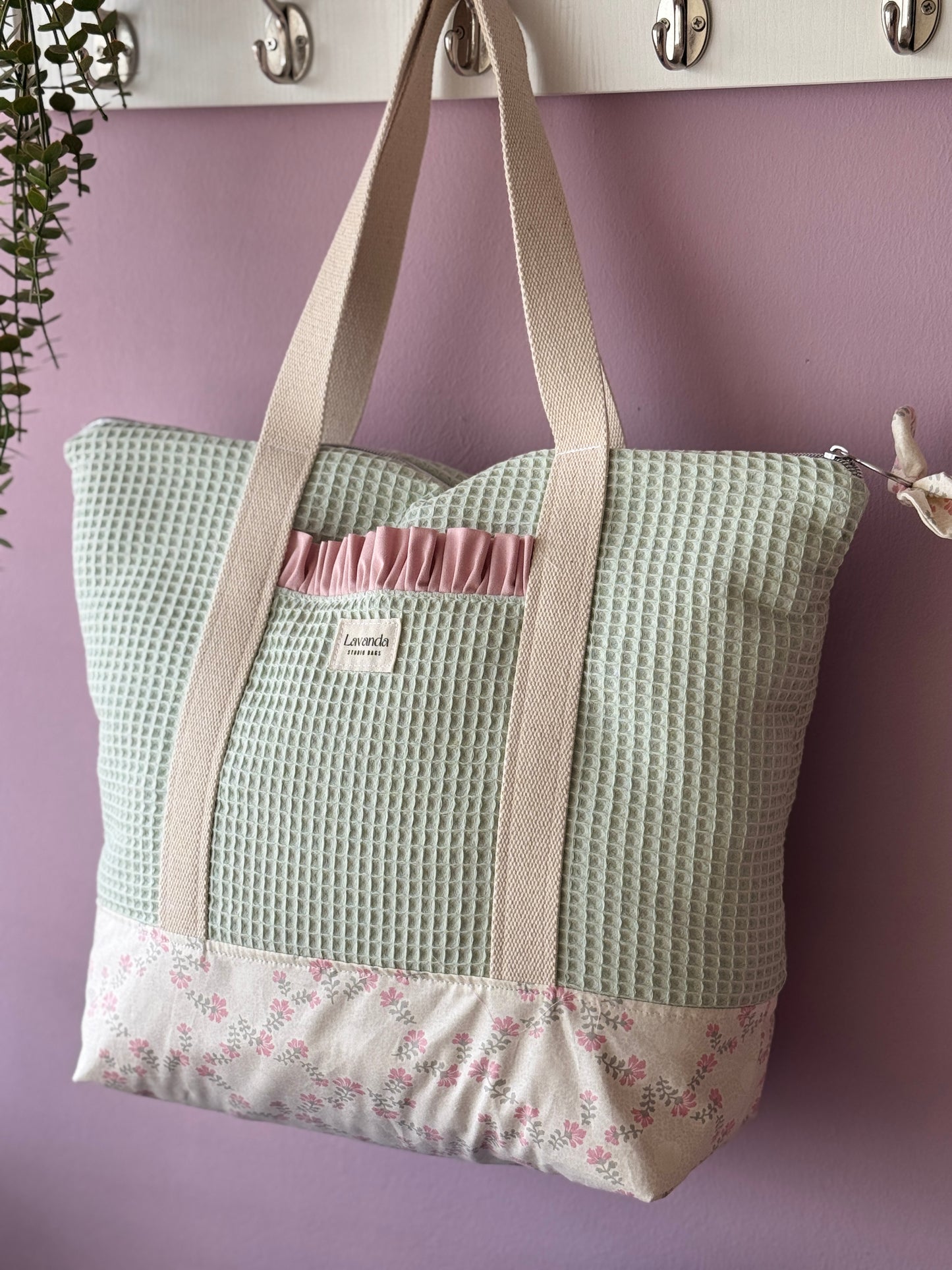 A.Tote bag mint waffle and pastel flowers (custom bag) Available to make within 15 business days.