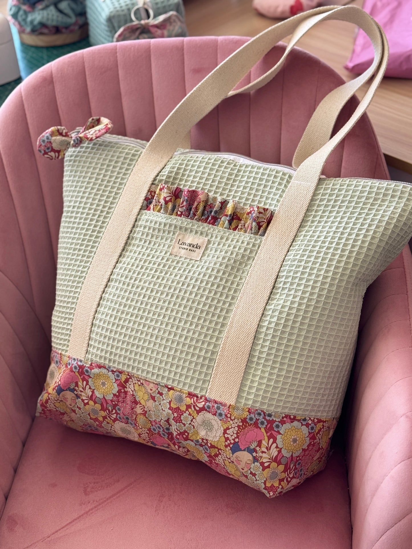 A.Tote bag mint waffle and flowers Available to make within 15 business days.