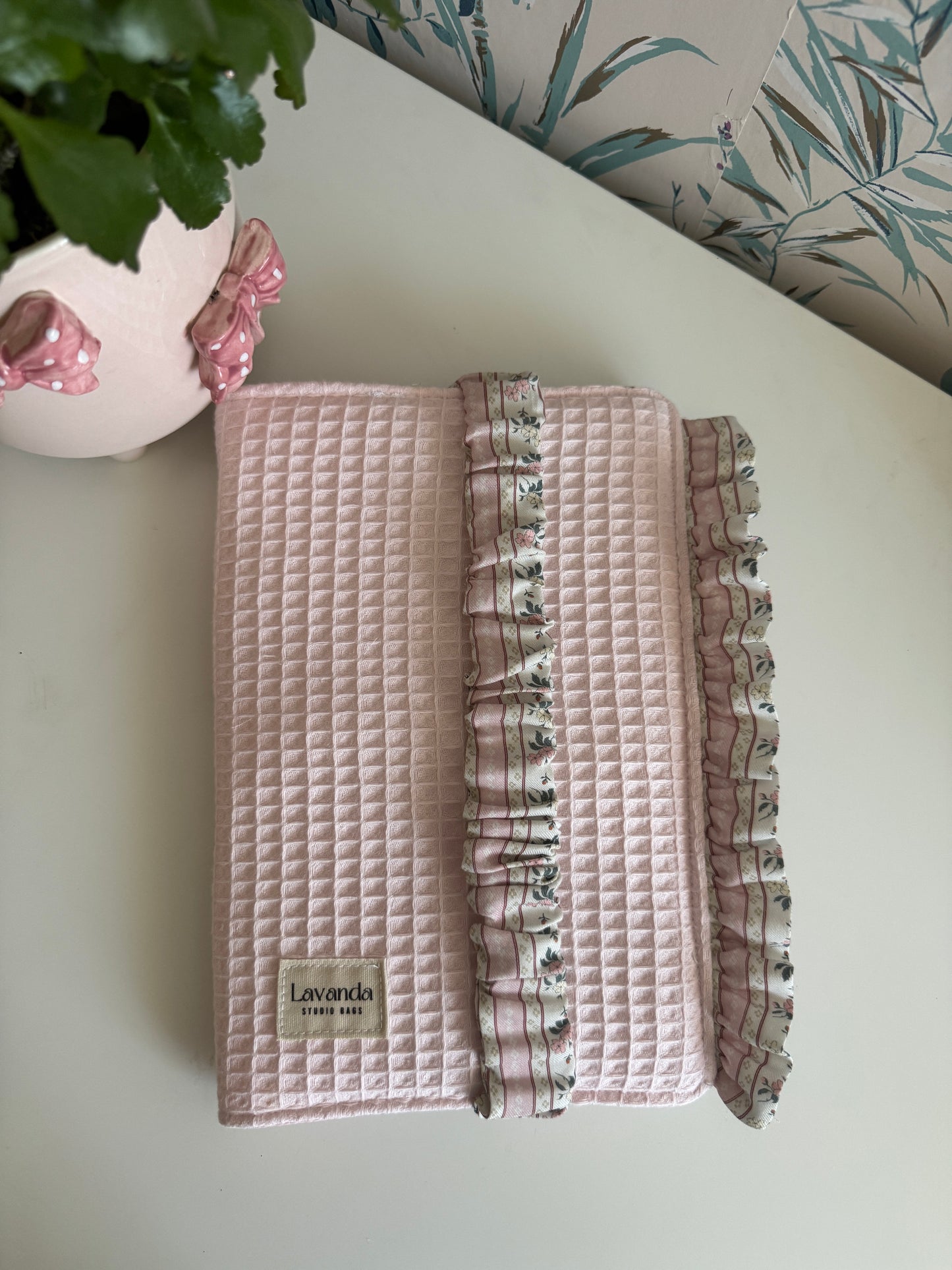 New! Book cover with flaps waffle fabric and cotton flowers.