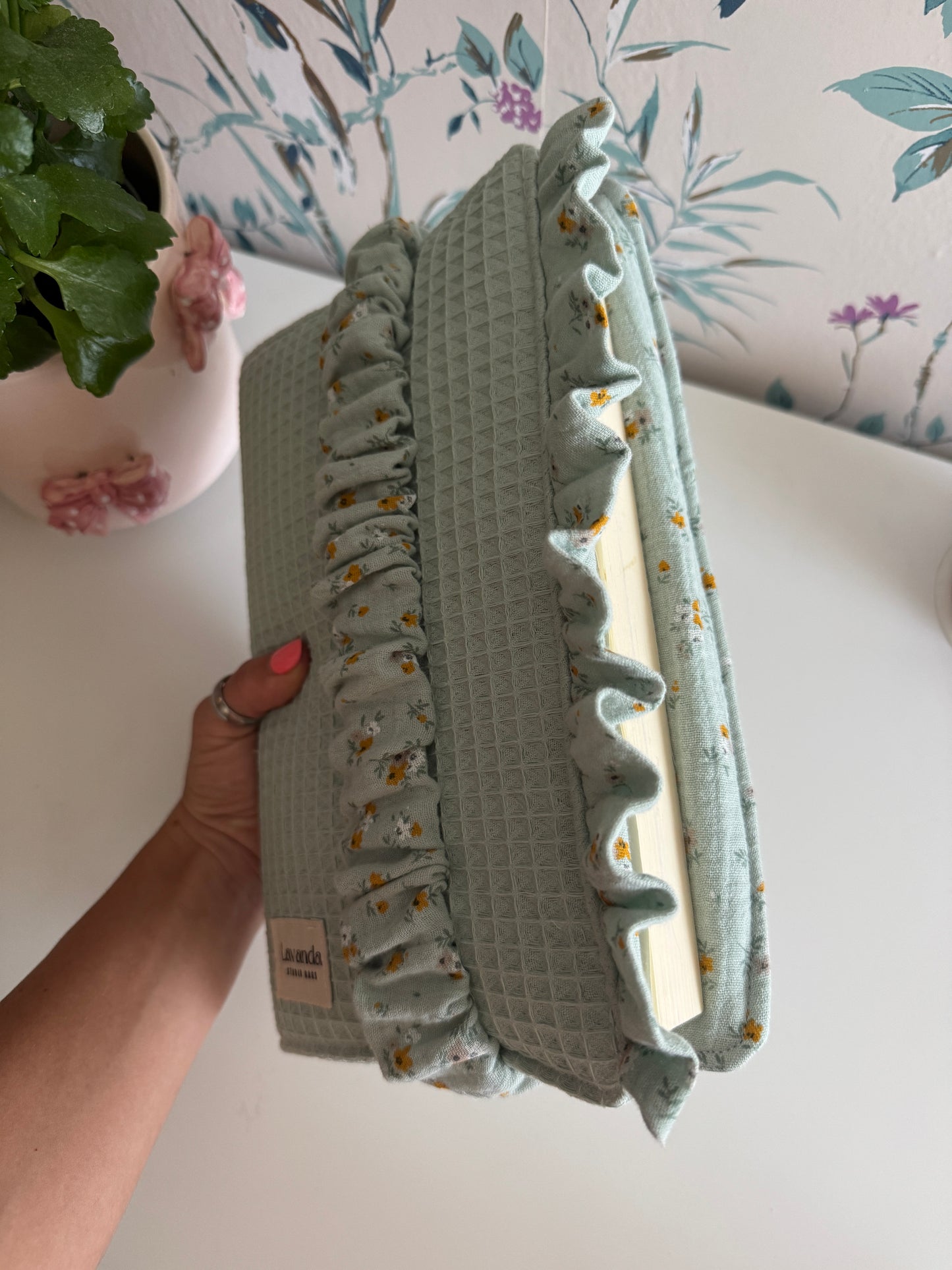 New! Book cover with flaps waffle fabric and cotton flowers.