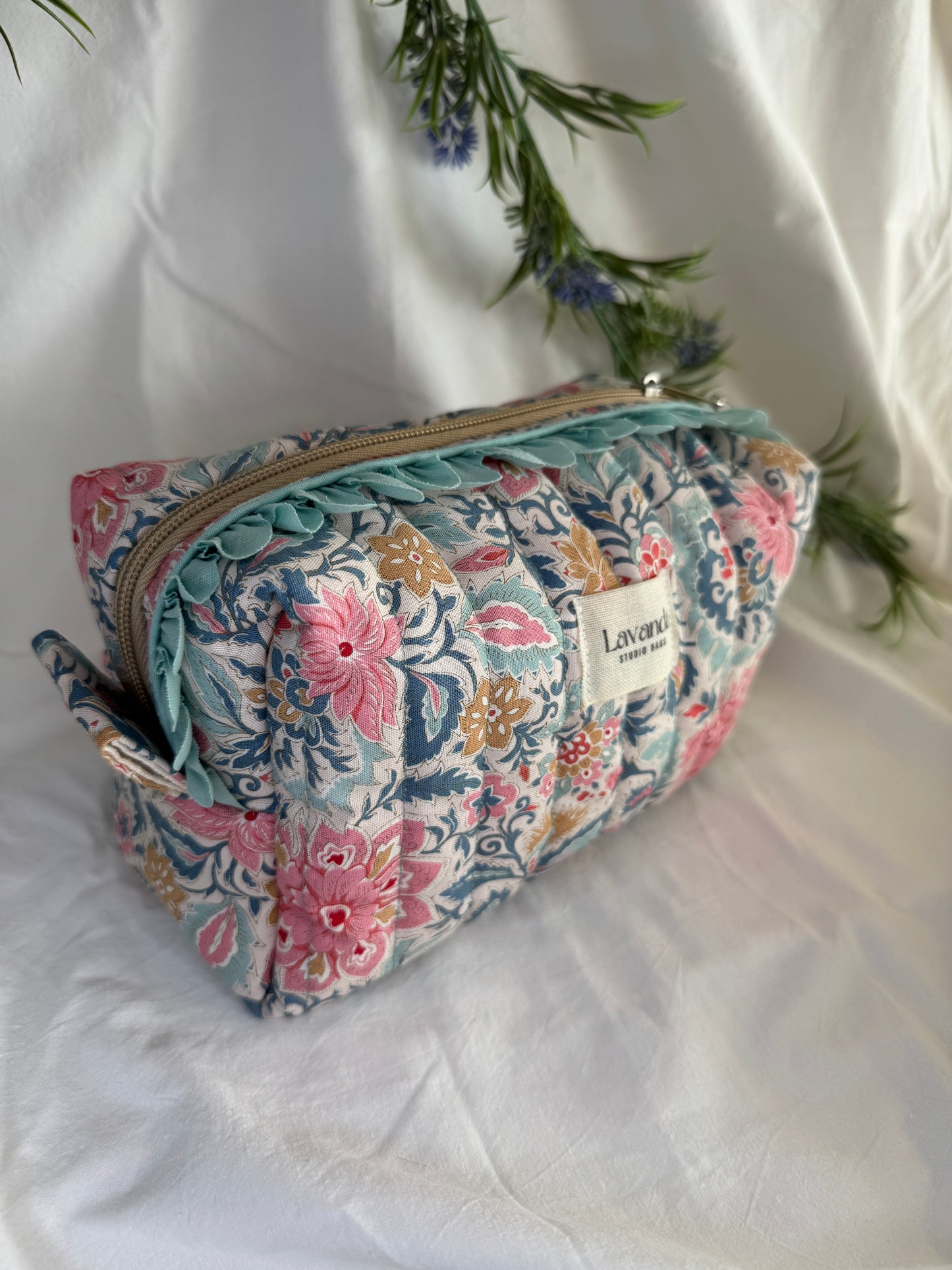 a.Cosmetic bag lilium, floral fabric.