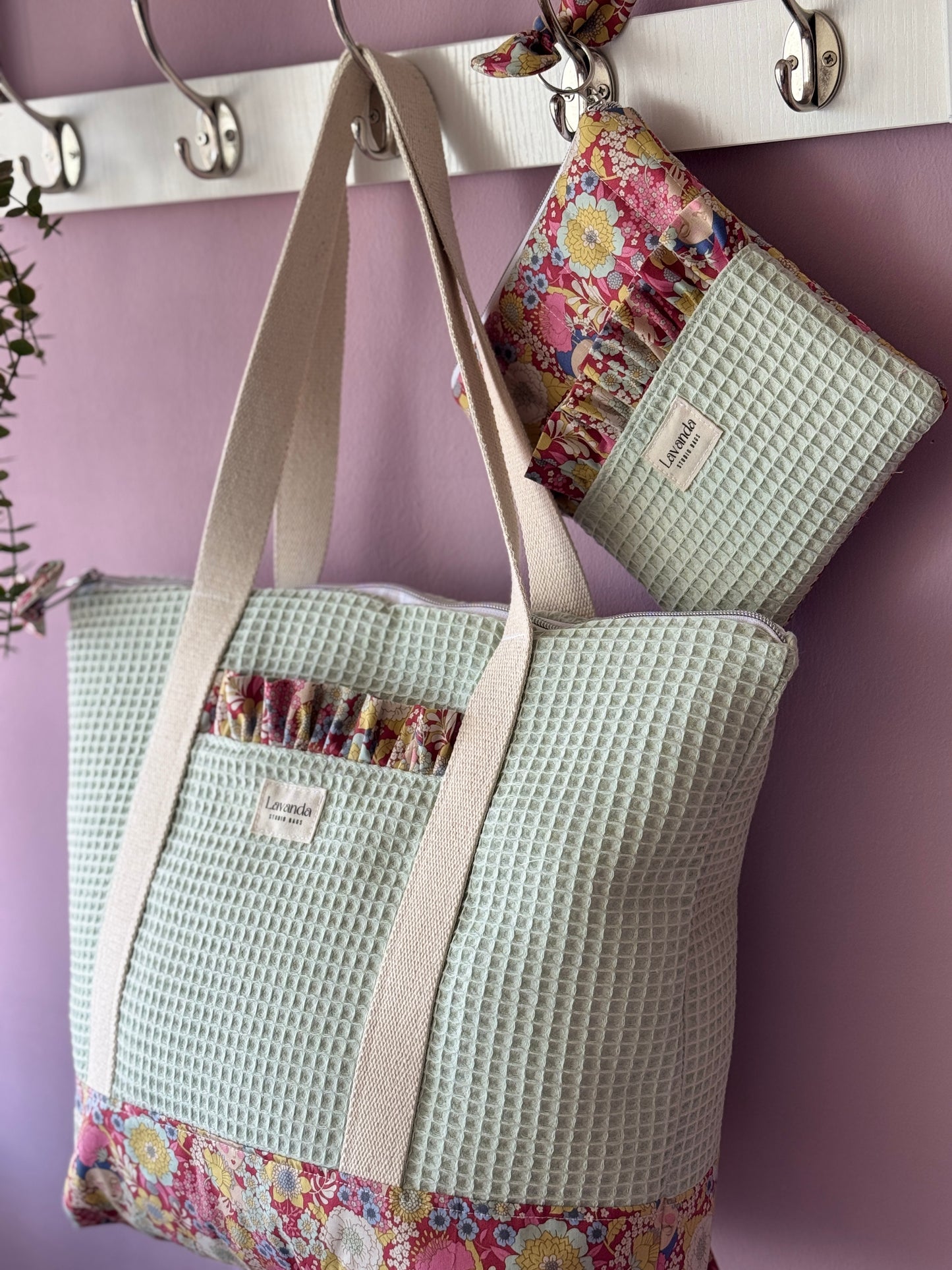 A.Tote bag mint waffle and flowers Available to make within 15 business days.
