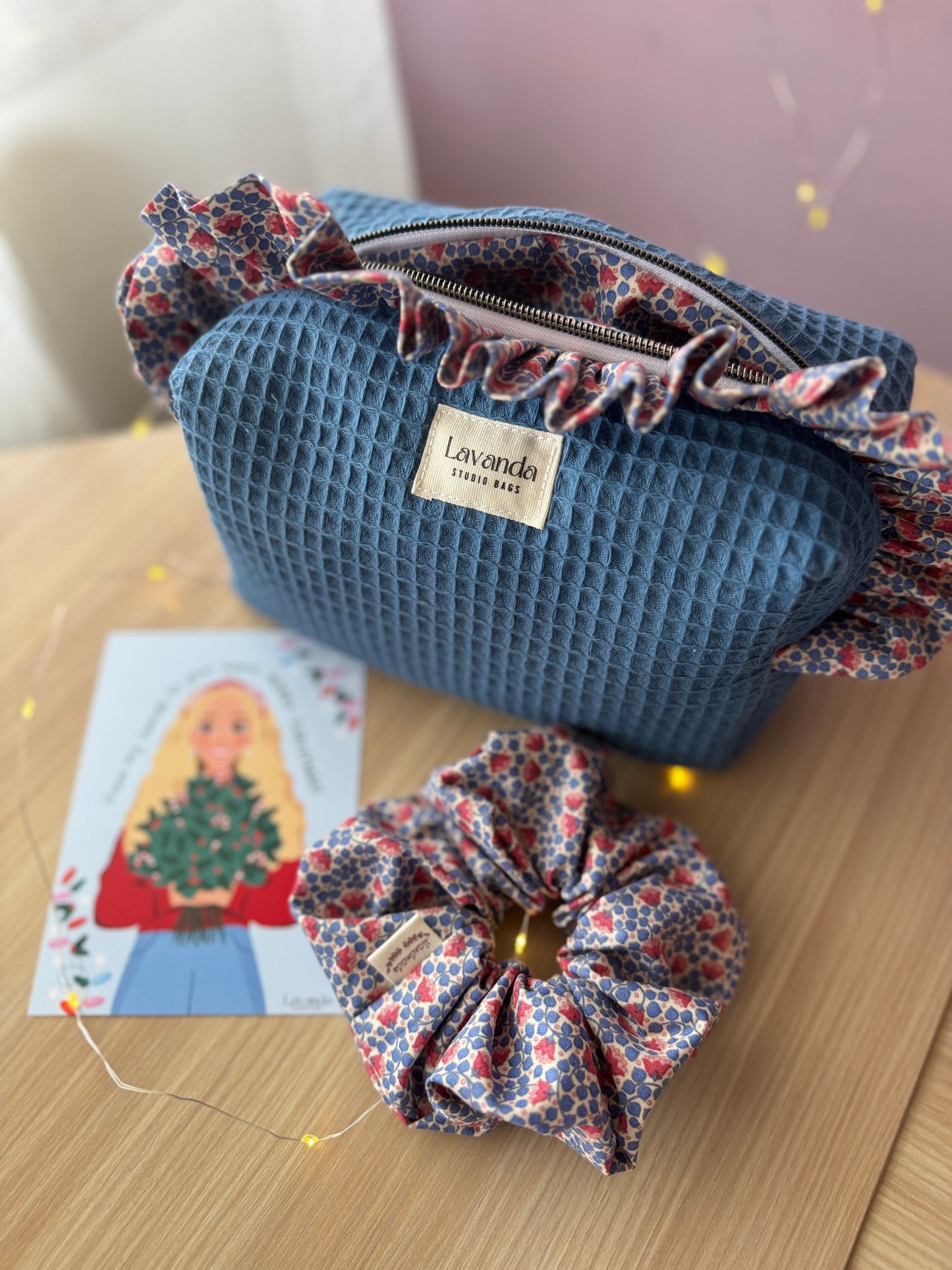 a.Cosmetic bag fresia blue waffle and mini flowers.