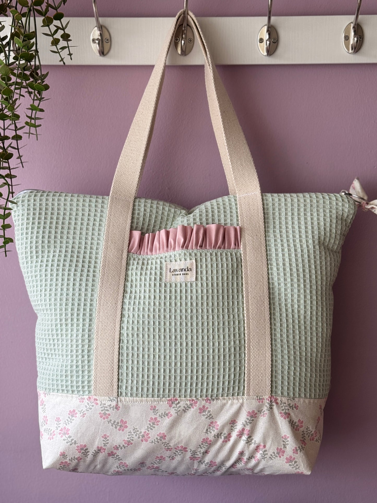 A.Tote bag mint waffle and pastel flowers (custom bag) Available to make within 15 business days.