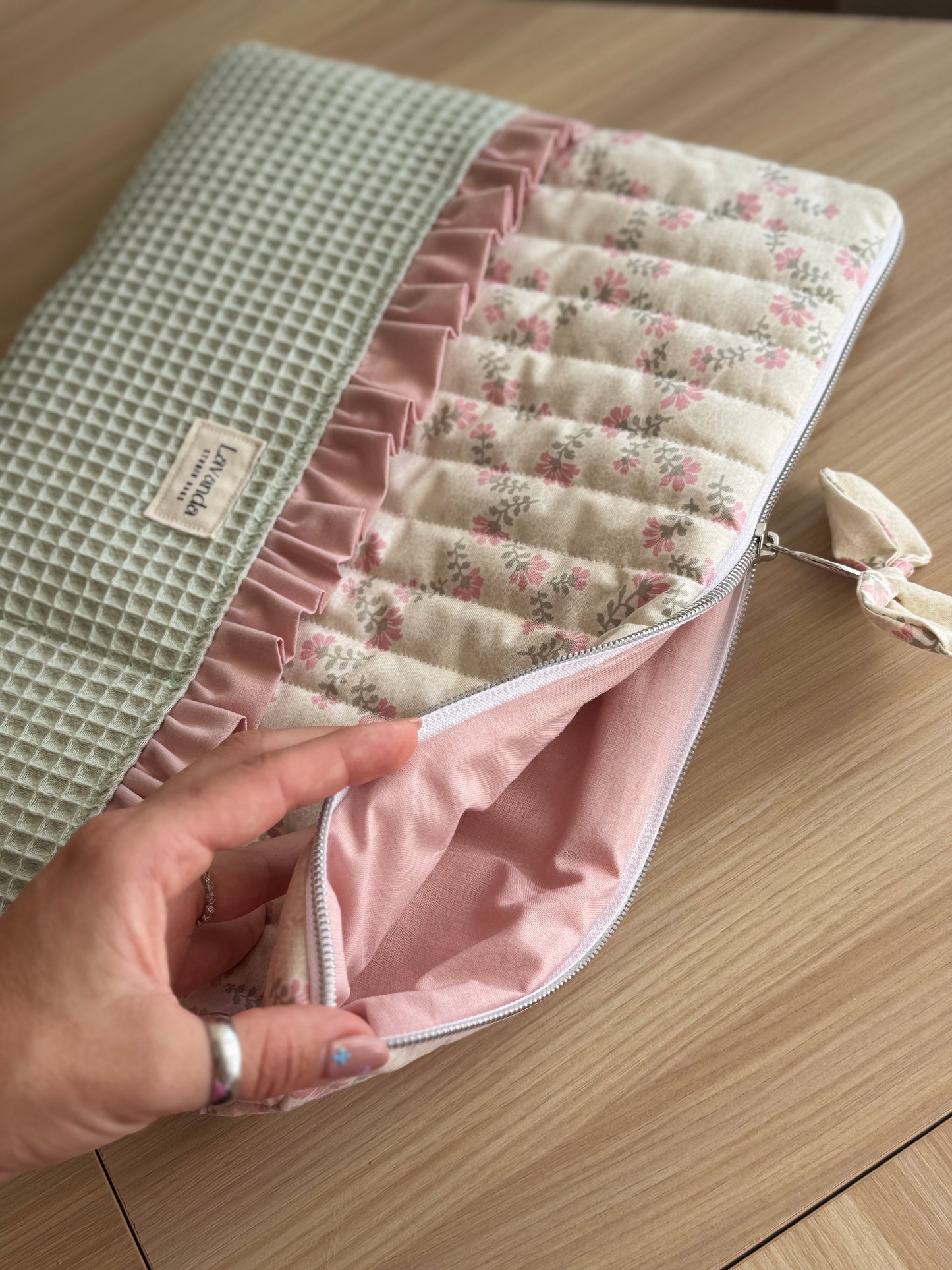 Pastel pink flower and mint waffle lpad case.