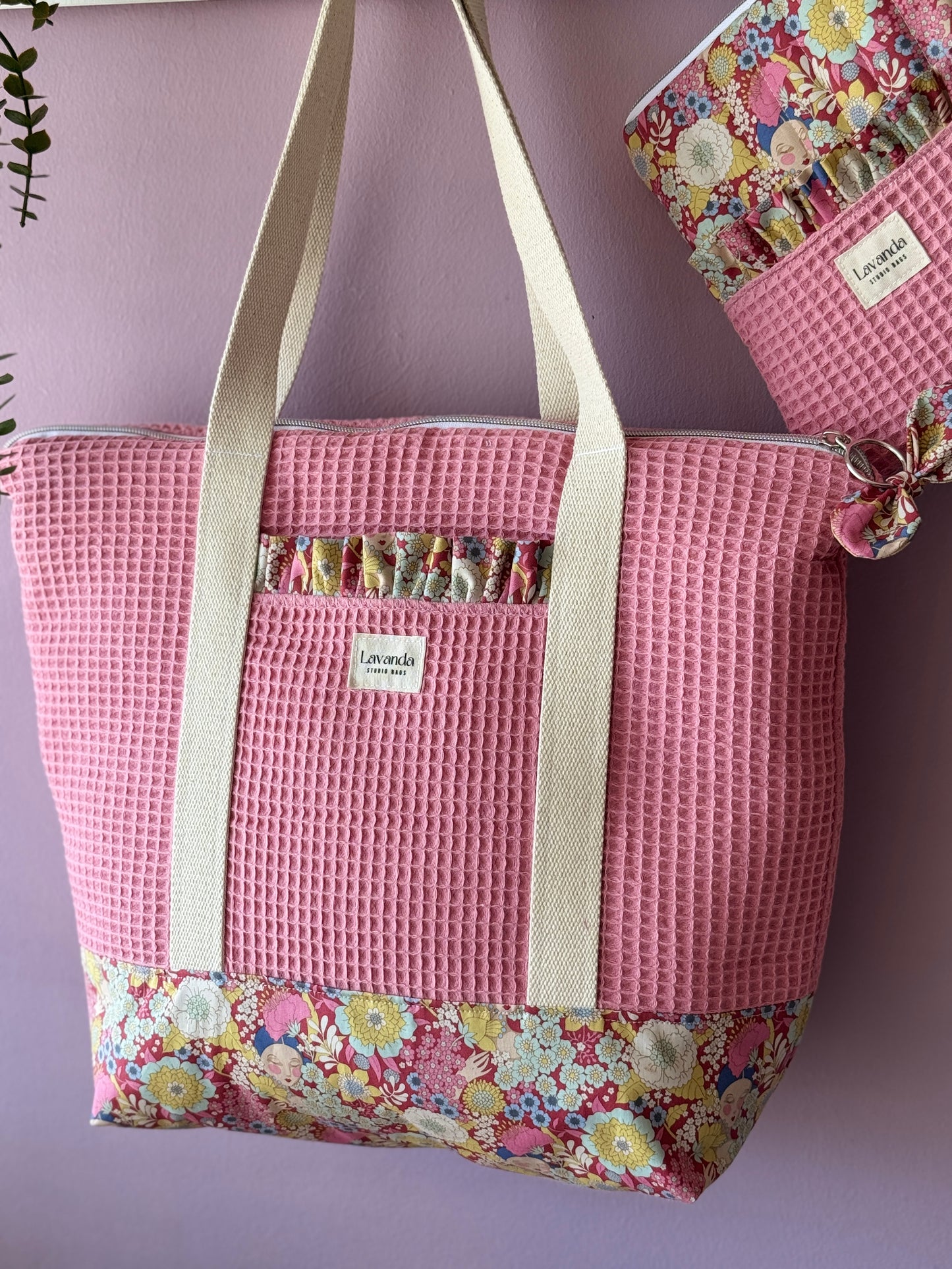 A.Tote bag Dalia pink waffle and floral pattern/ Zipper