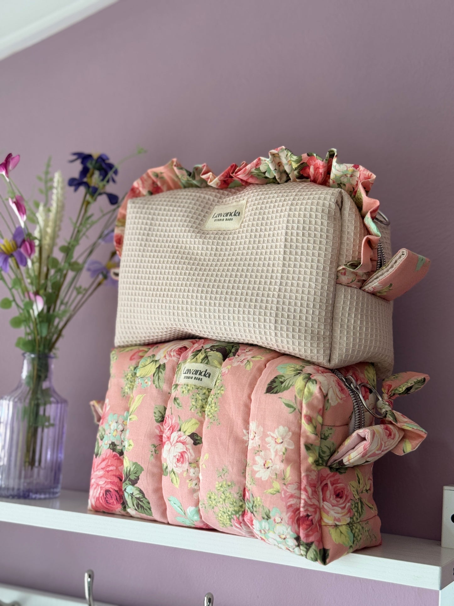 Cosmetic bag beige waffle and rouse flowers/ ruffle.