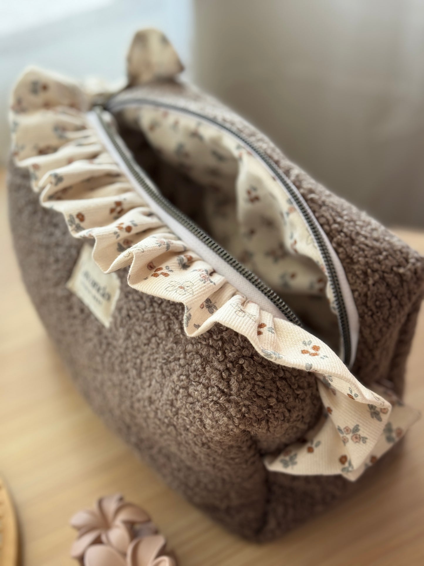 Fresia teddy cosmetic bag brawn,with ruffle.