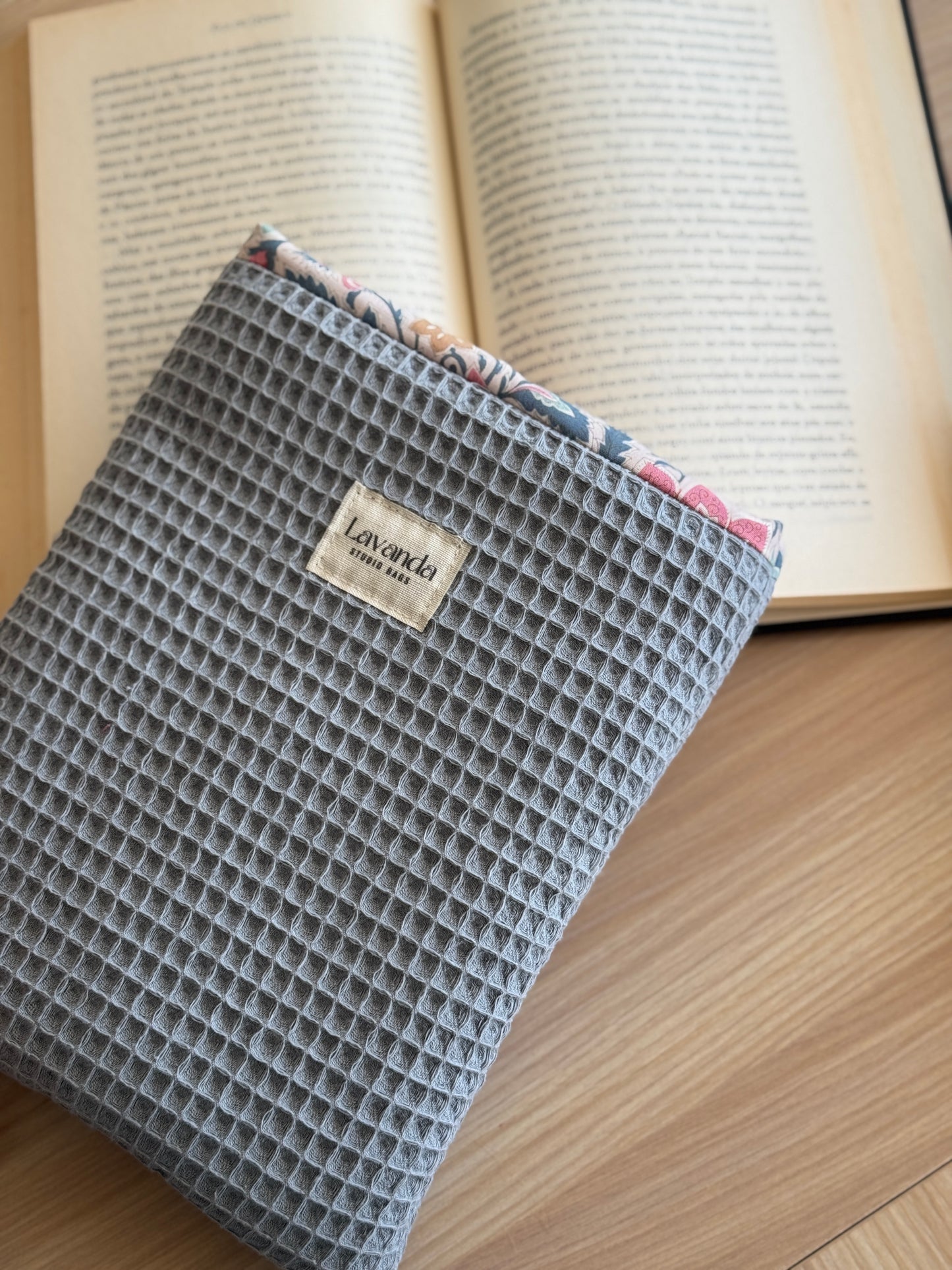 Book cover blue waffle and floral pattern. With ribbon.