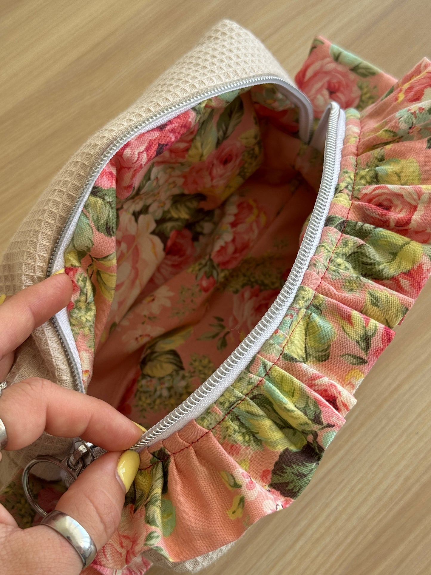 Cosmetic bag beige waffle and rouse flowers/ ruffle.