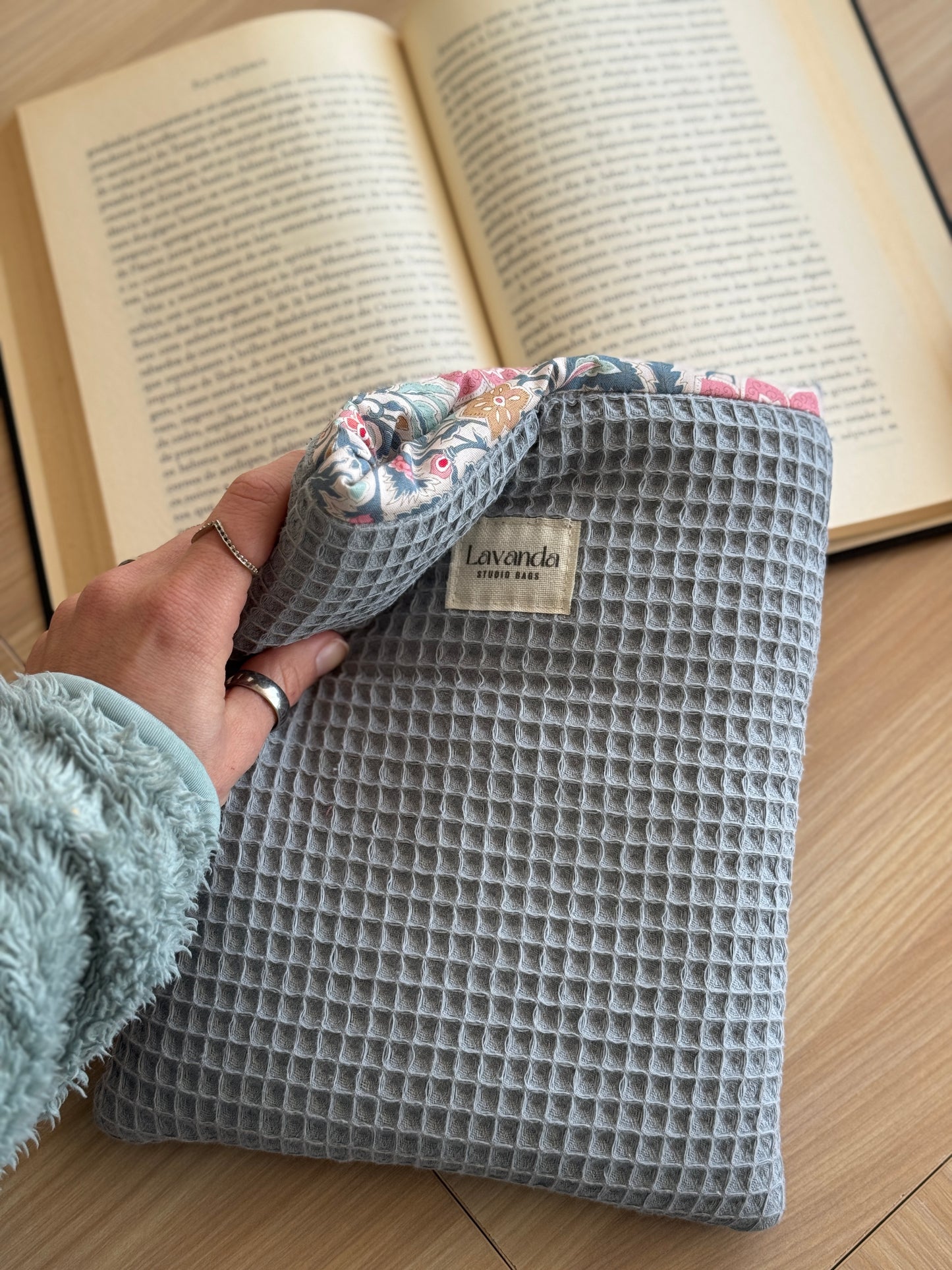 Book cover blue waffle and floral pattern. With ribbon.