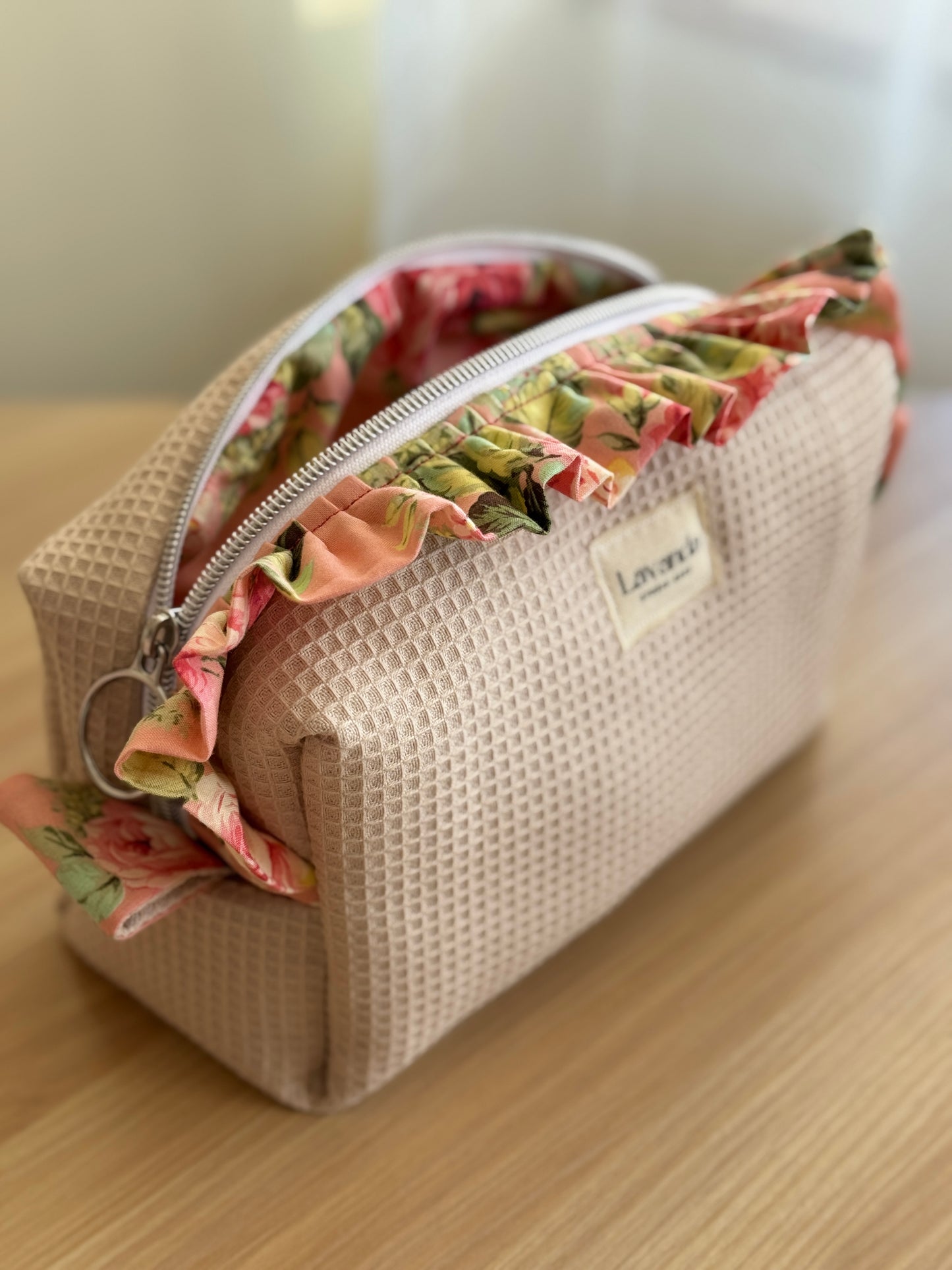 Cosmetic bag beige waffle and rouse flowers/ ruffle.