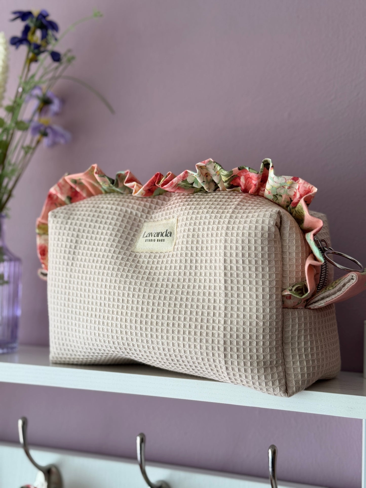 Cosmetic bag beige waffle and rouse flowers/ ruffle.