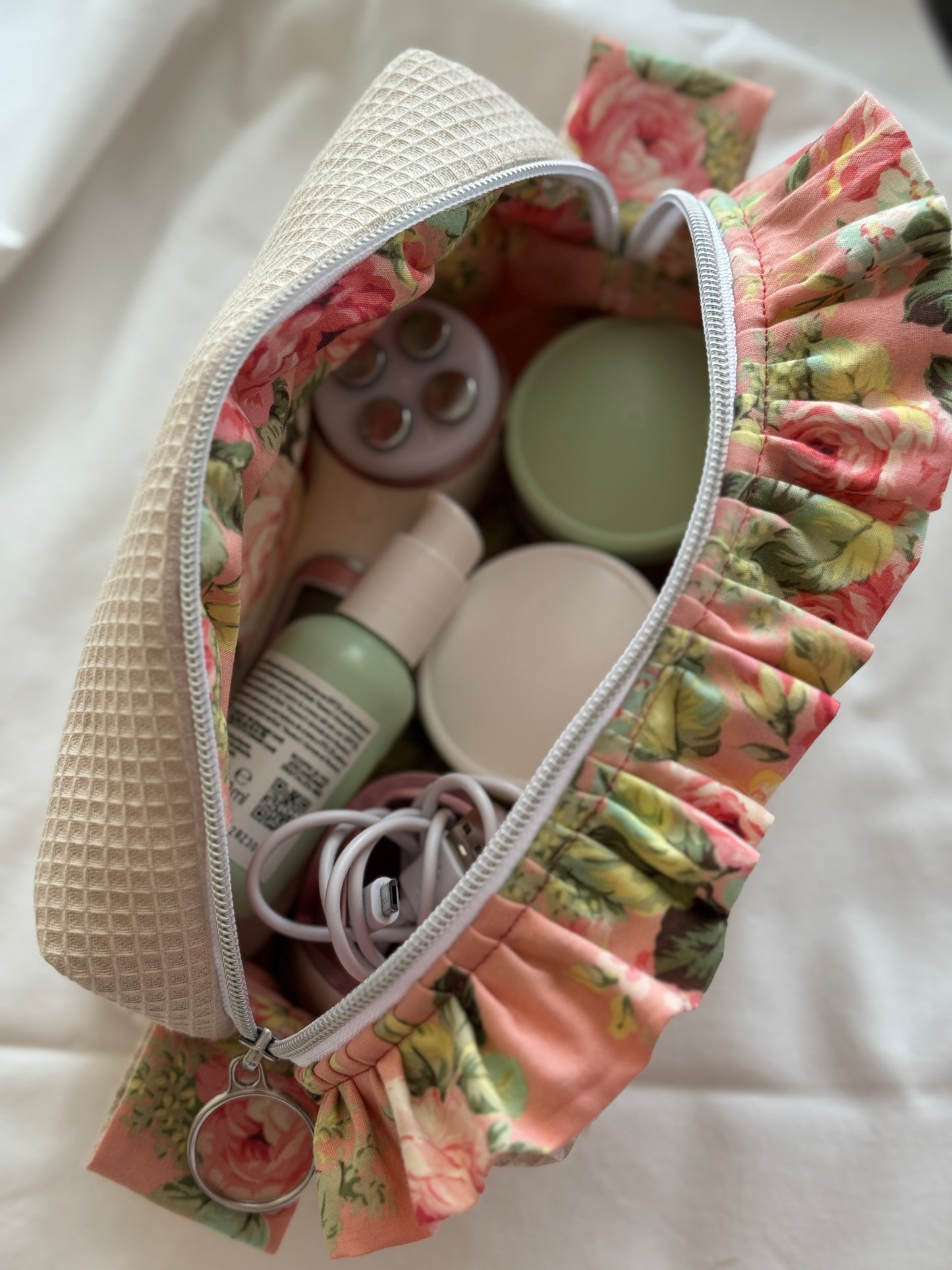 Cosmetic bag beige waffle and rouse flowers/ ruffle.