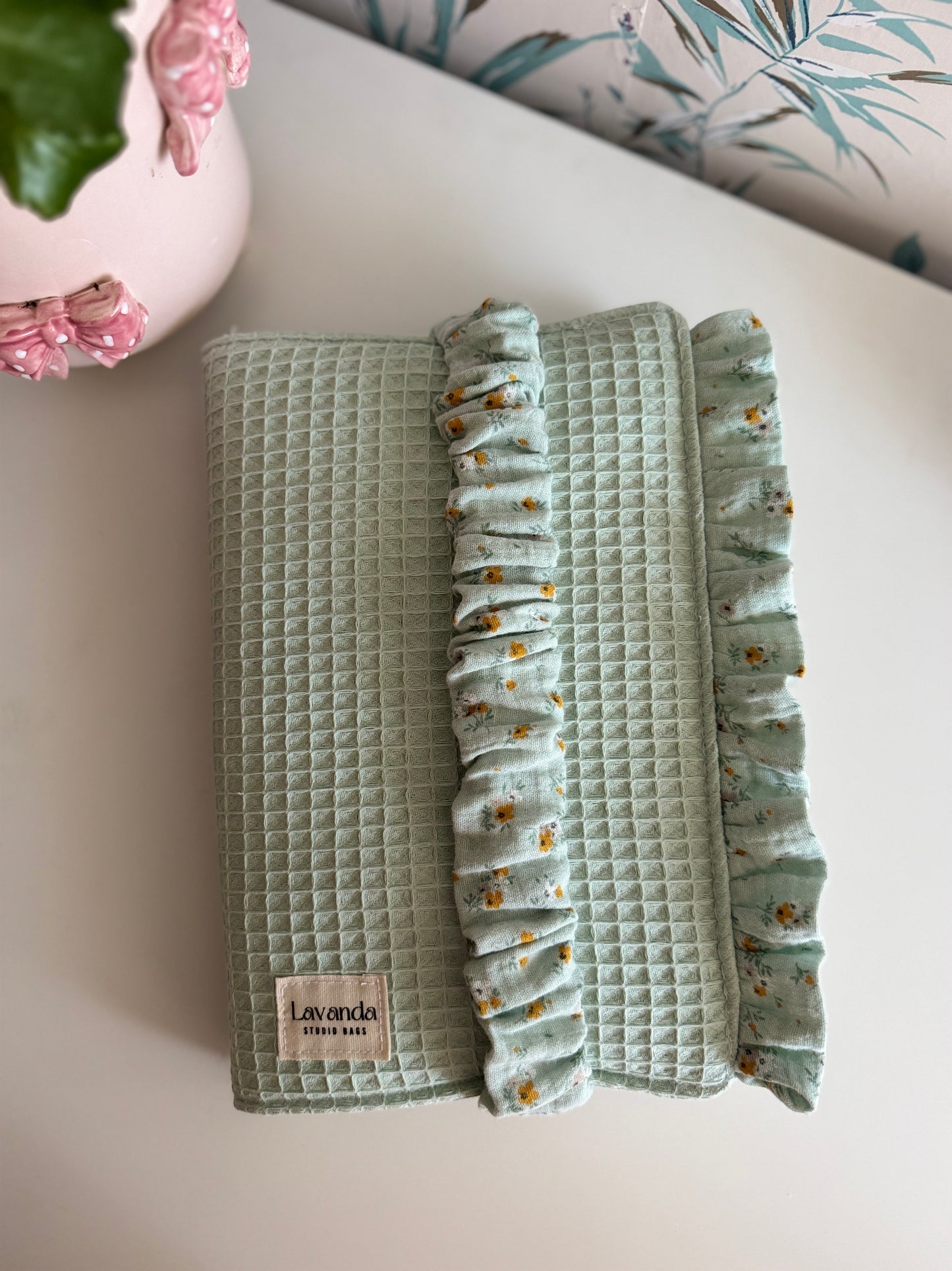 New! Book cover with flaps waffle fabric and cotton flowers.