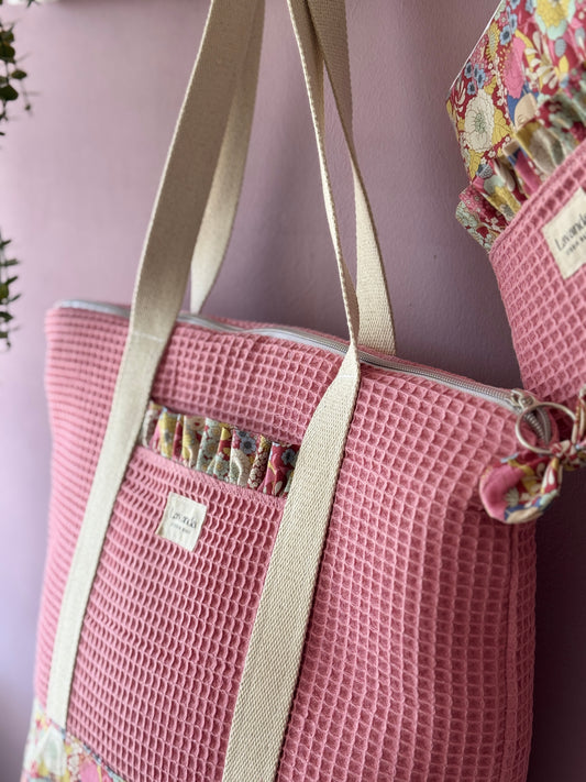A.Tote bag Dalia pink waffle and floral pattern/ Zipper