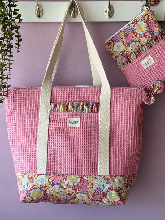 A.Tote bag Dalia pink waffle and floral pattern/ Zipper