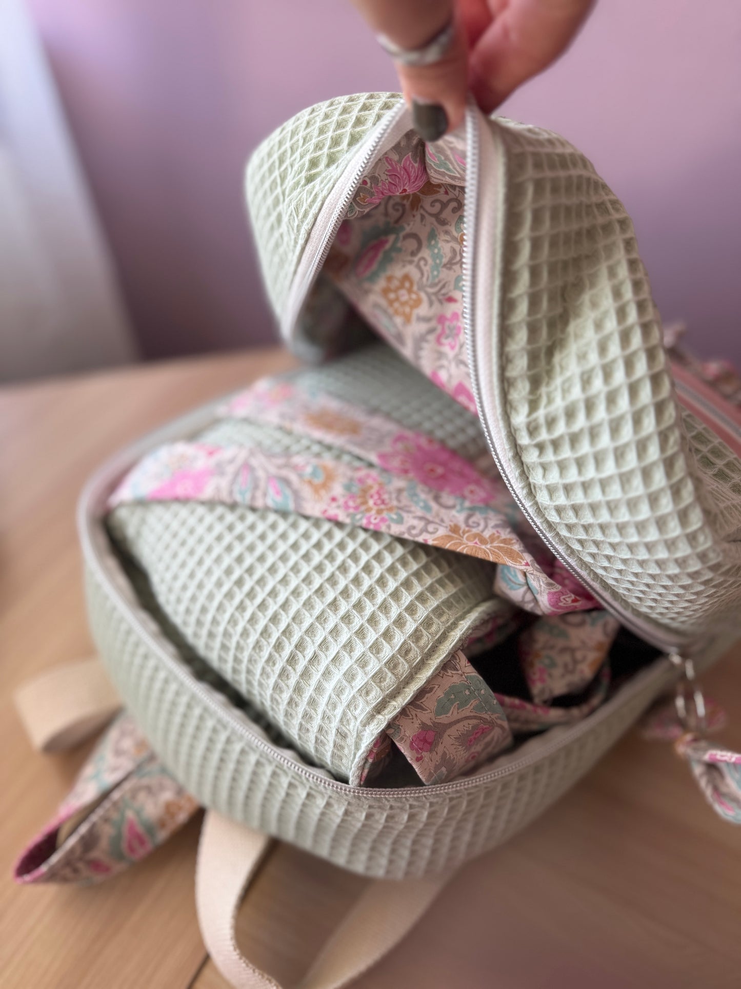 Backpack mint waffle and pastel flowers🍂 It takes between 20 and 25 days to make after your purchase.