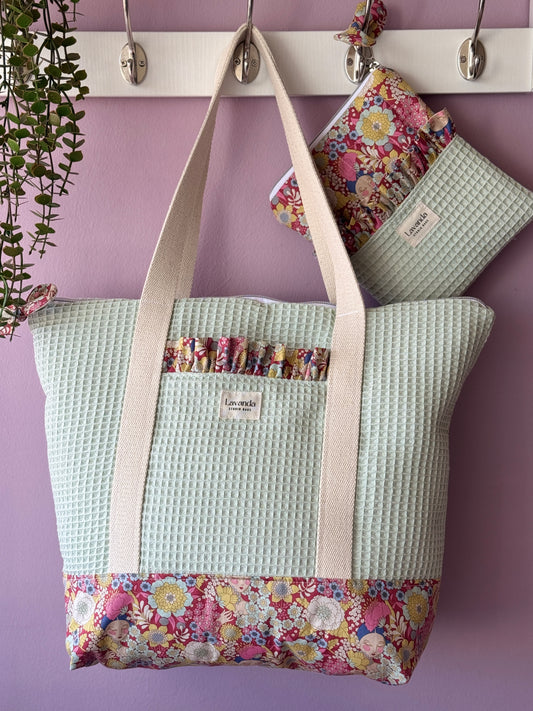 A.Tote bag mint waffle and flowers Available to make within 15 business days.