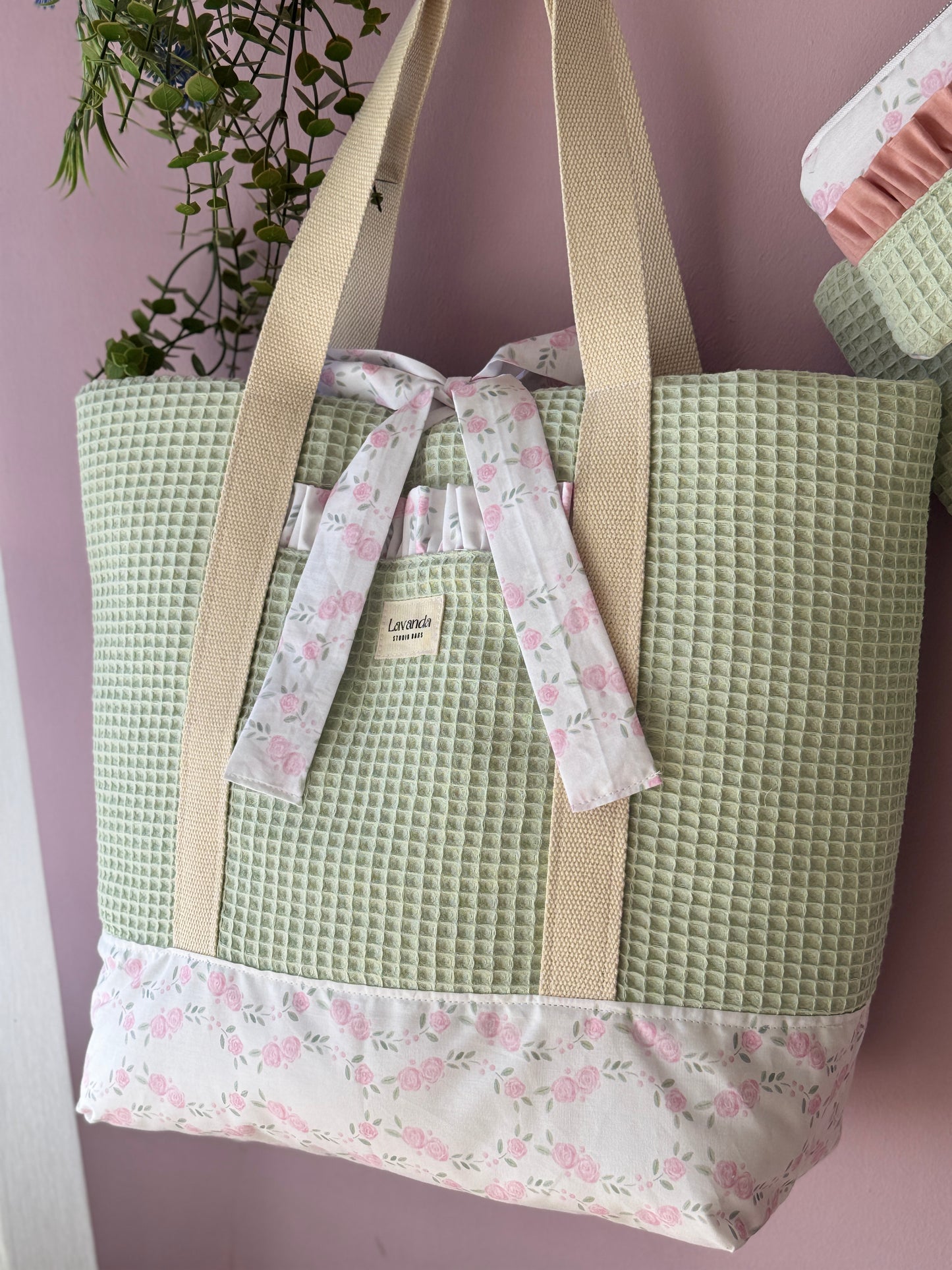 A.Tote bag mint waffle and pastel flowers (custom bag) Available to make within 15 business days.