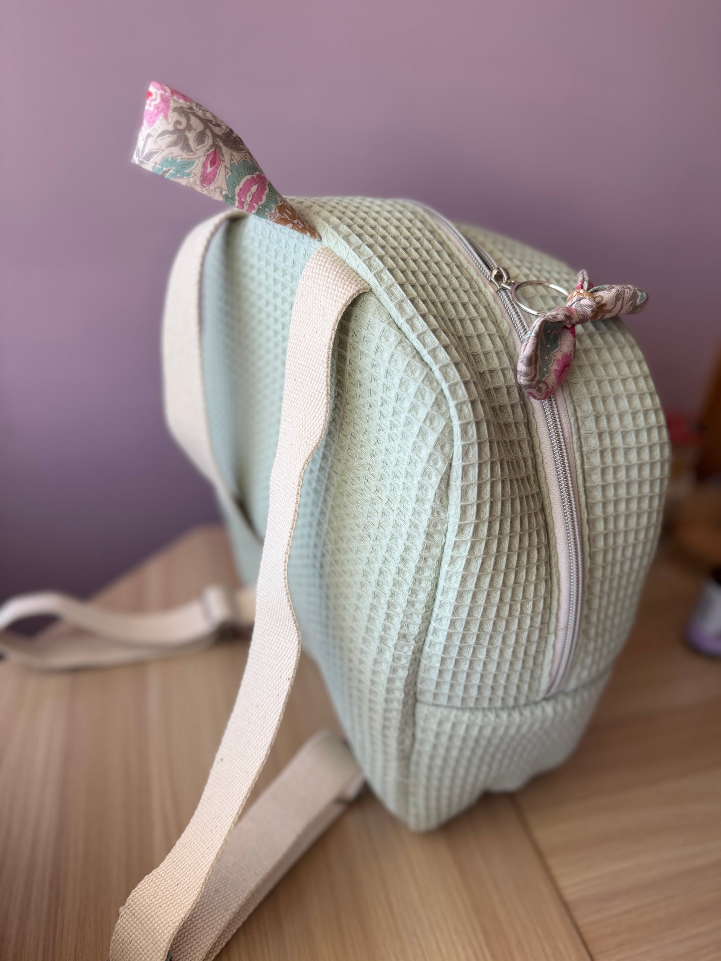 Backpack mint waffle and pastel flowers🍂 It takes between 20 and 25 days to make after your purchase.