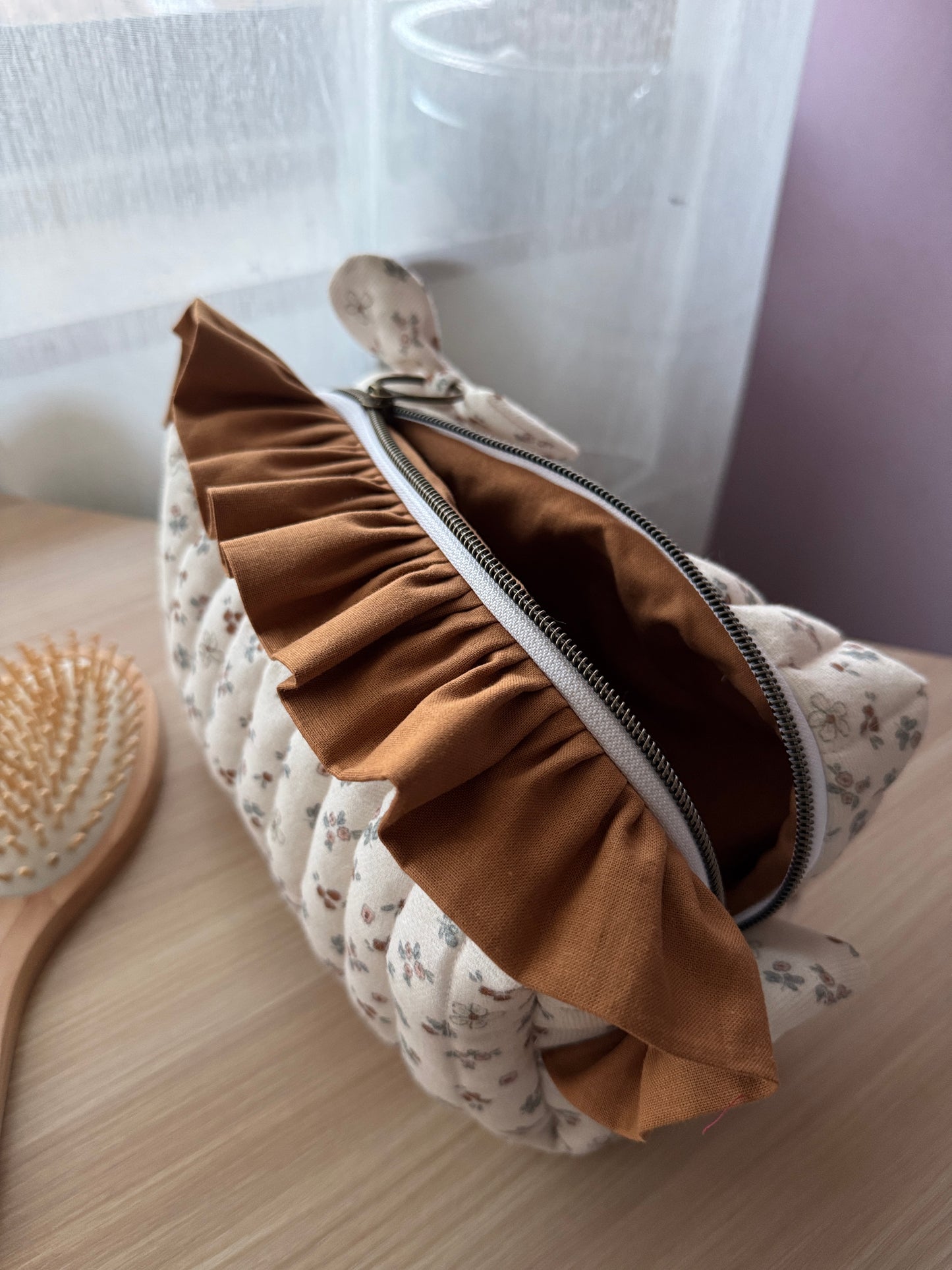 Fresia cosmetic bag coffe and flowers with ruffle.