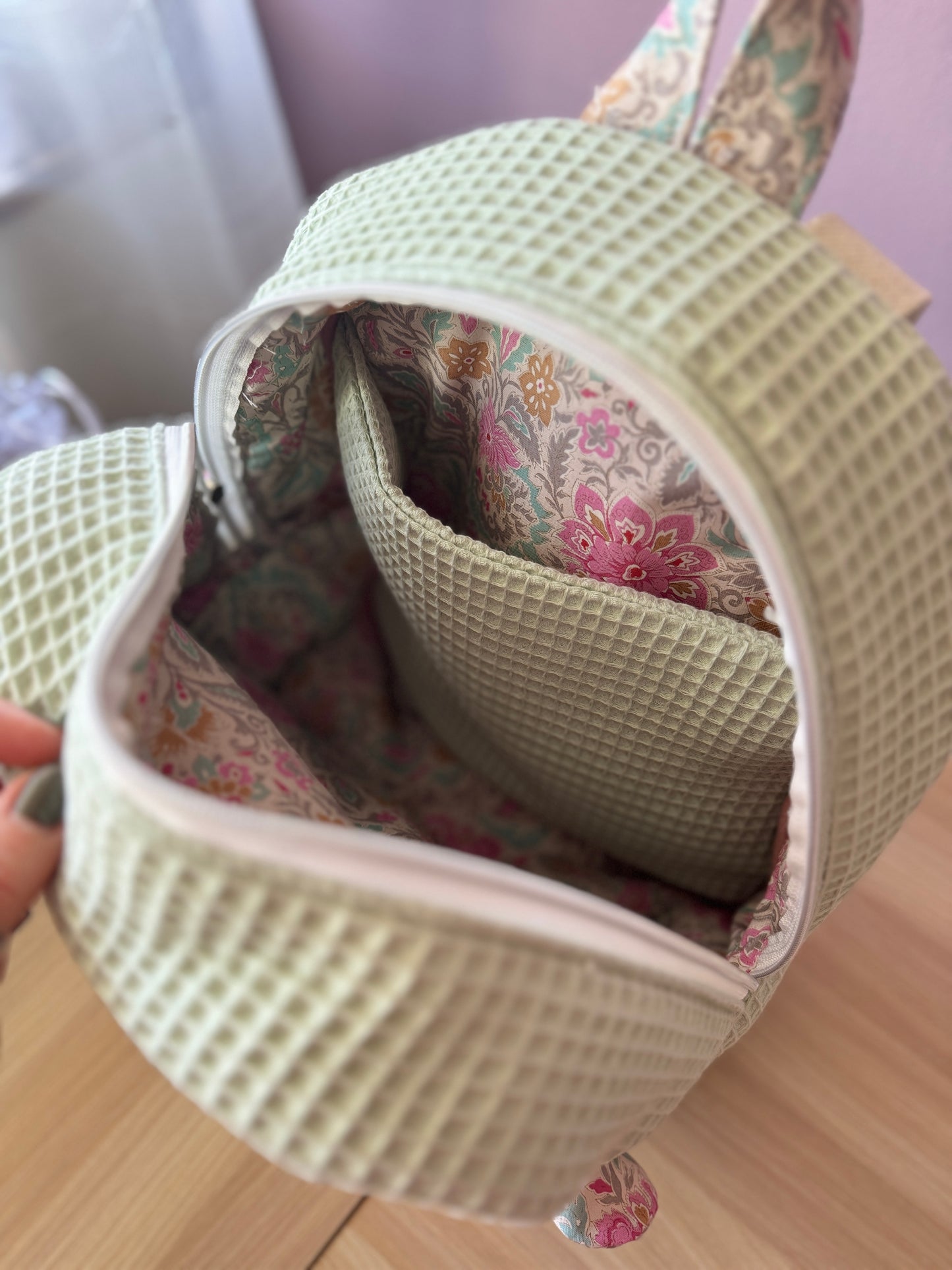 Backpack mint waffle and pastel flowers🍂 It takes between 20 and 25 days to make after your purchase.