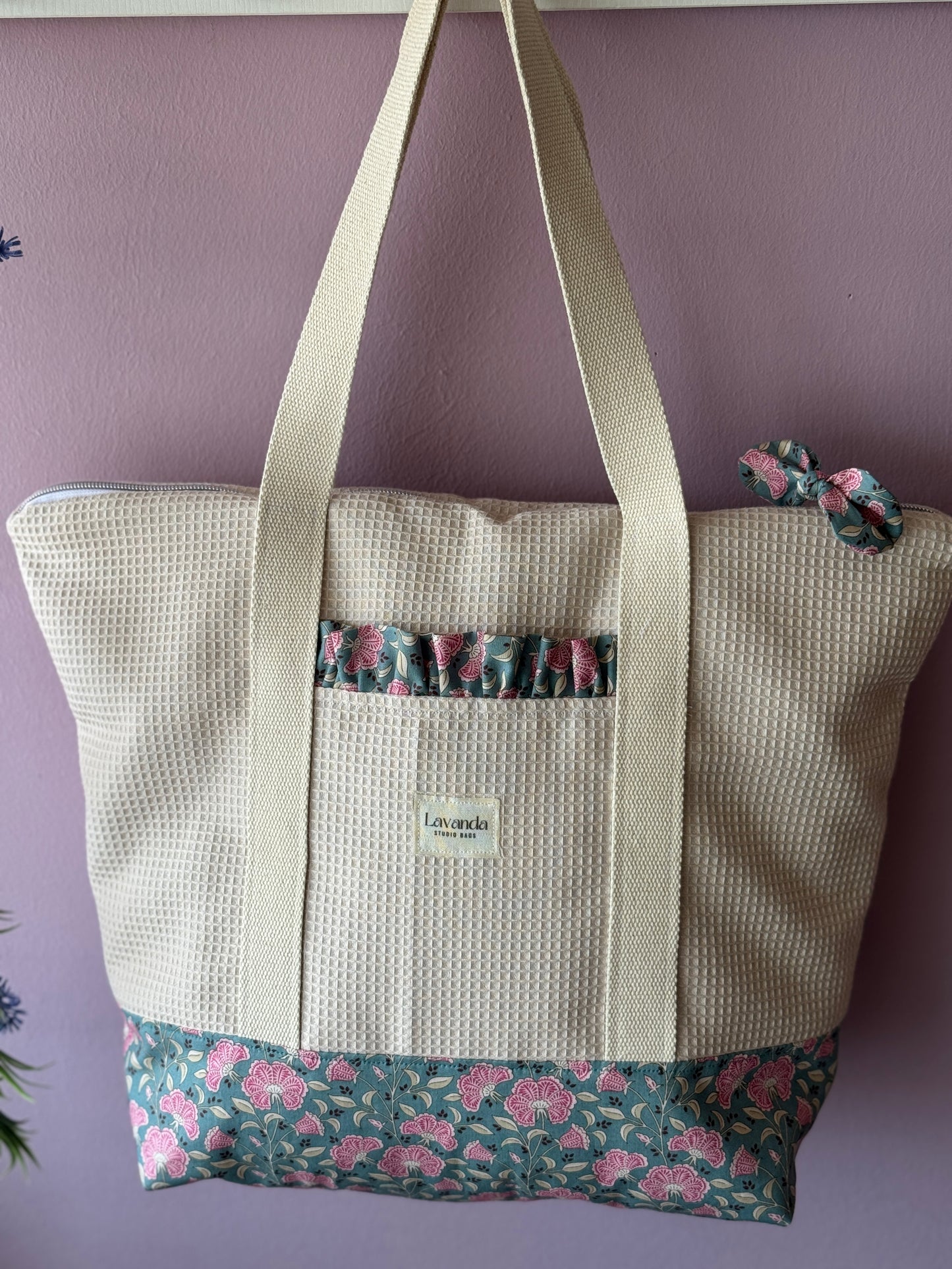 A.Tote bag Dalia beige waffle green petrol (custom bag) Available to make. Zipper