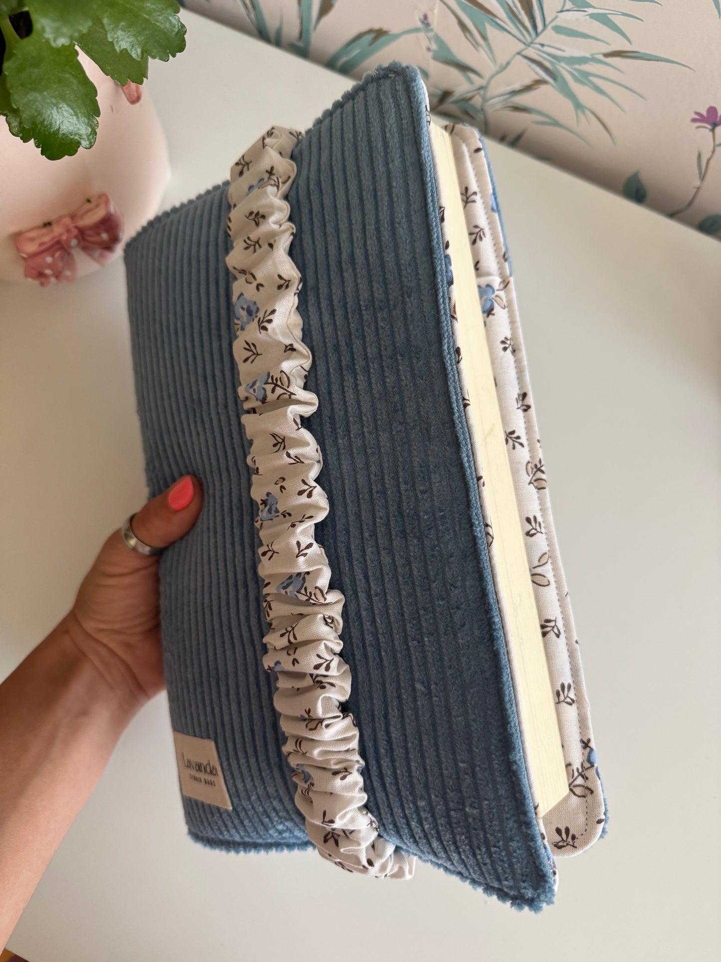 New! Book cover with flaps pana fabric and cotton flowers. Pocket inside.