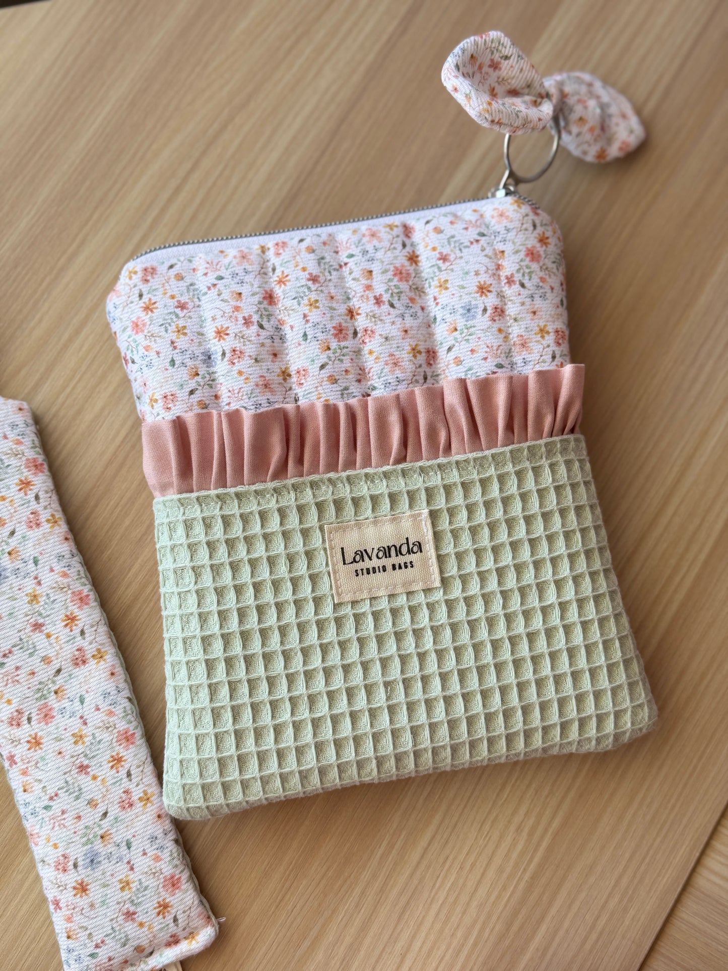 Kindle sleeve pastel flowers pink and mint waffle