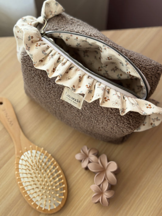 Fresia teddy cosmetic bag brawn,with ruffle.