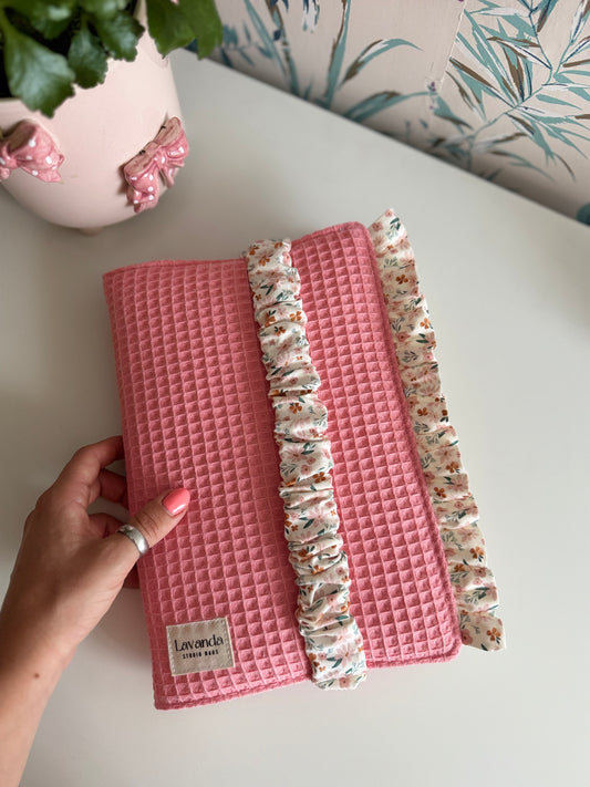 Book cover with flaps waffle fabric and cotton flowers