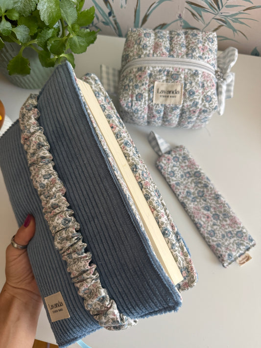 New! Book cover with flaps pana fabric and cotton flowers.