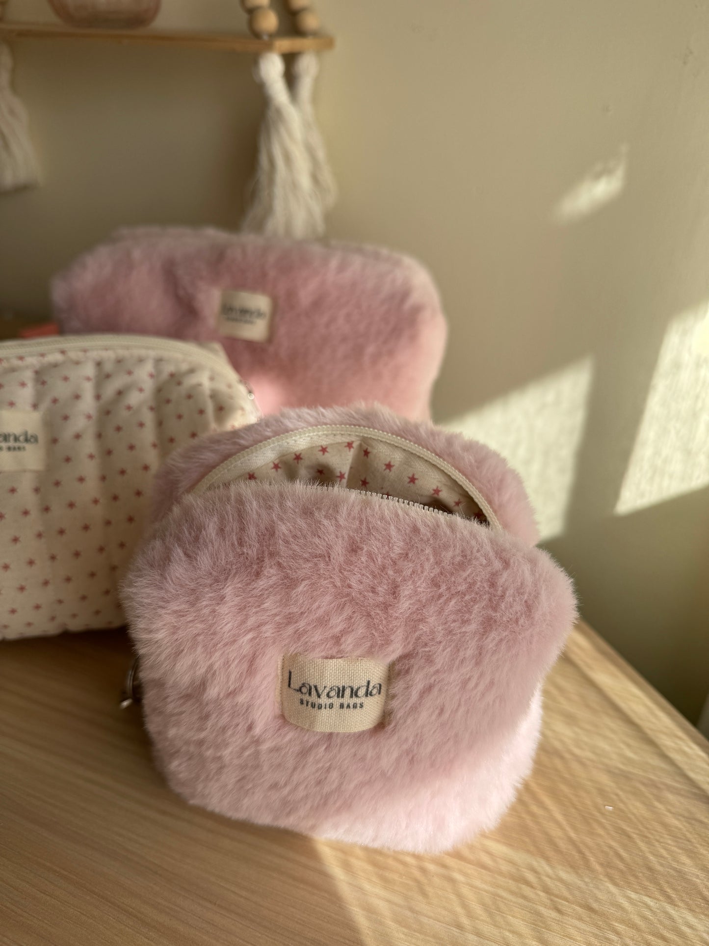 Mini pink fluffy cosmetic bag