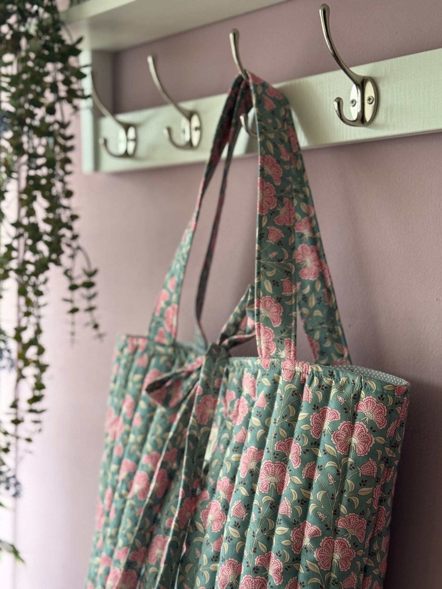 NEW!! Tote bag Amalia green petrol pink flowers.