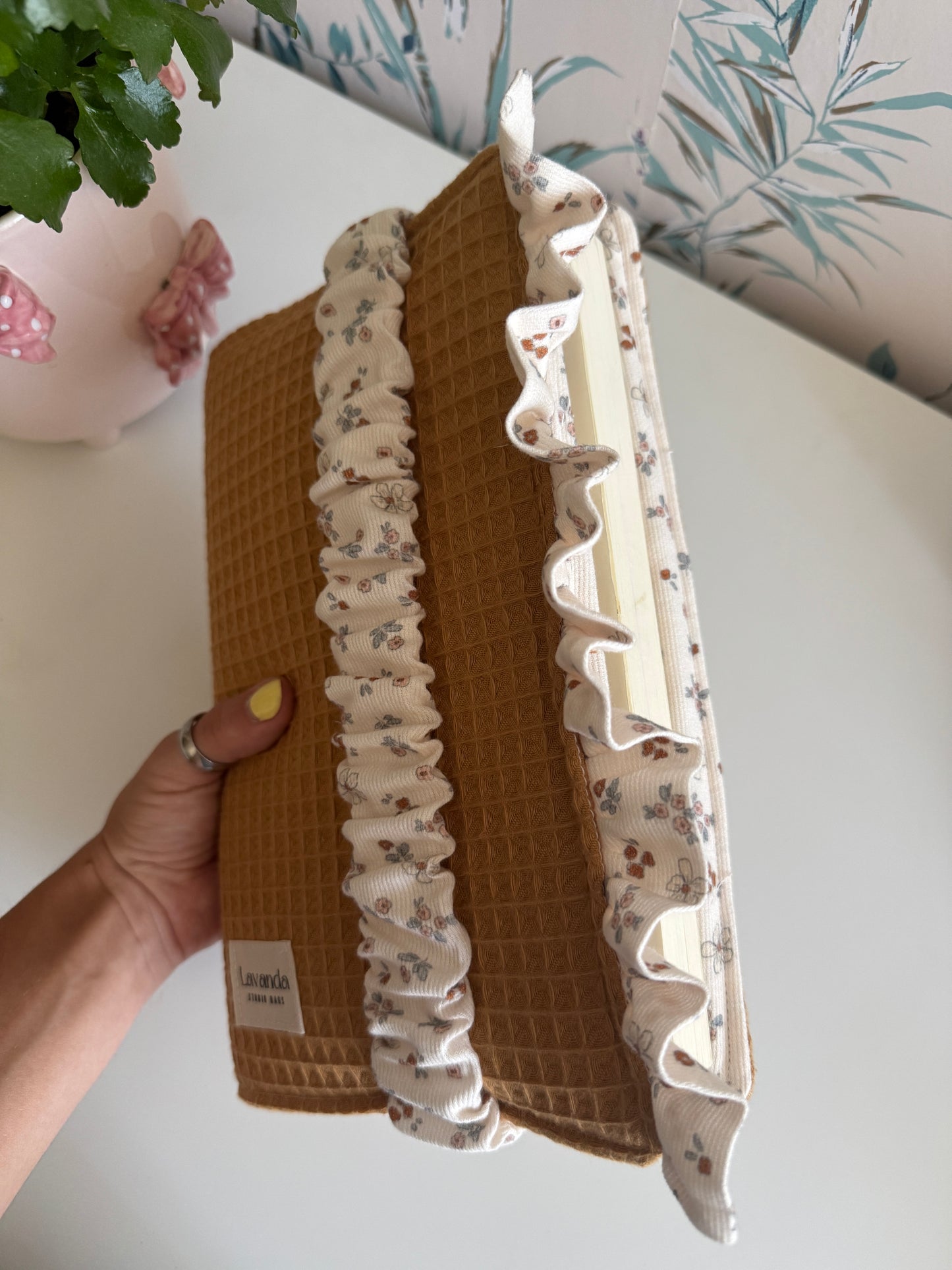 New! Book cover with flaps waffle fabric and cotton flowers.