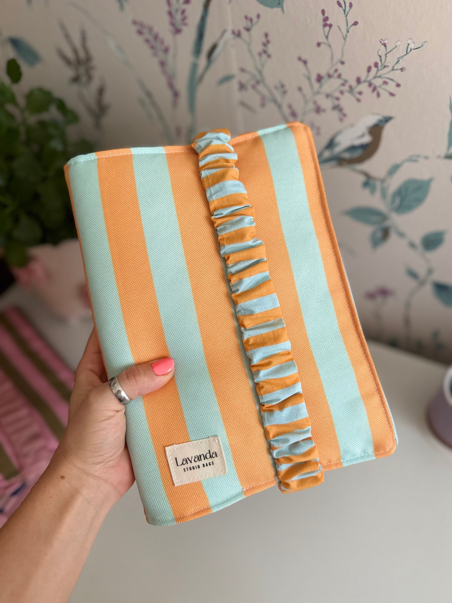 Book cover with flaps strap mint and orange