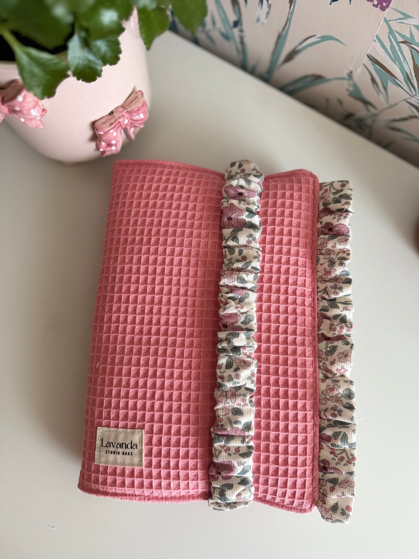 New! Book cover with flaps waffle fabric and  flowers.