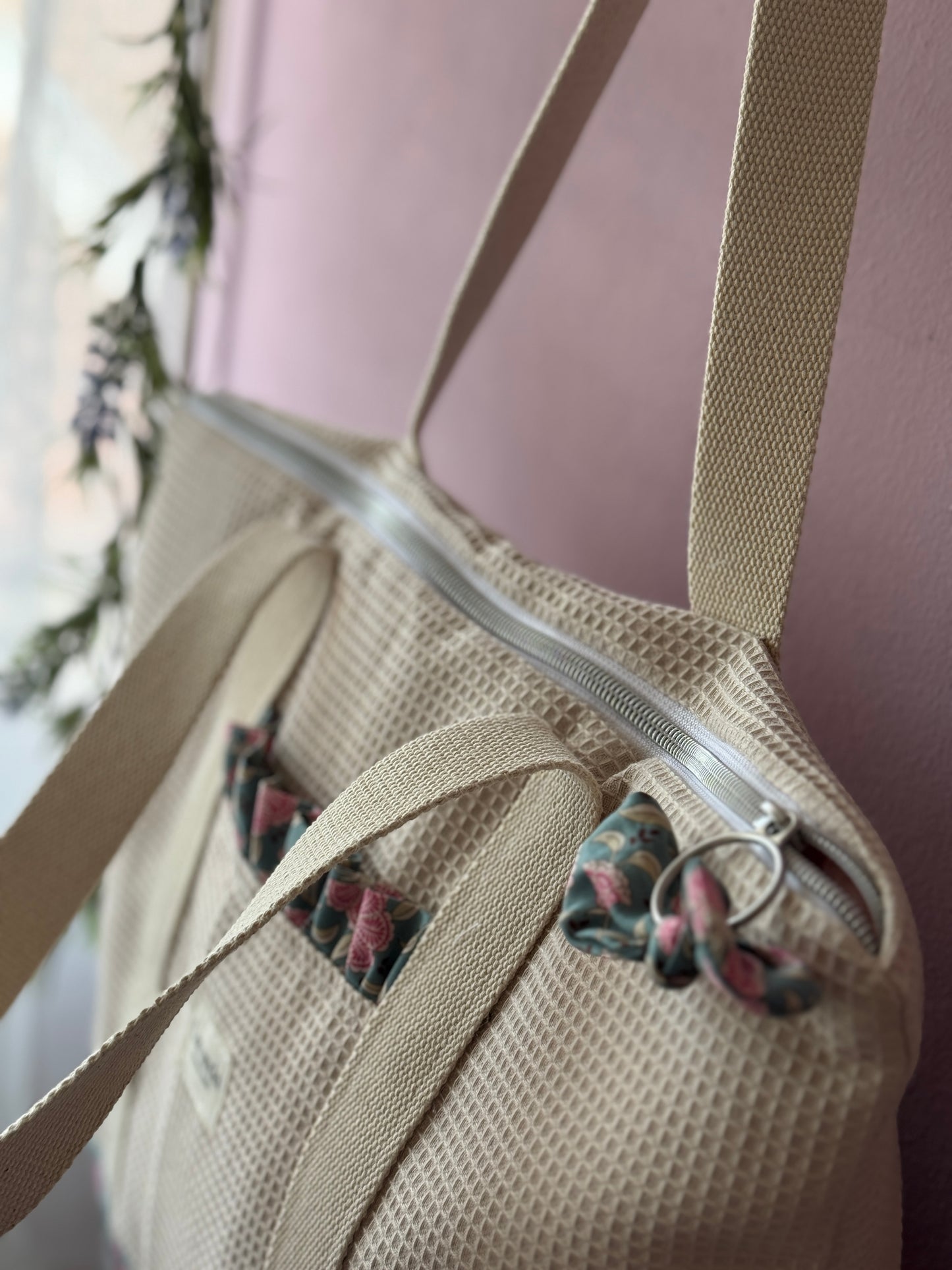 A.Tote bag Dalia beige waffle green petrol (custom bag) Available to make. Zipper