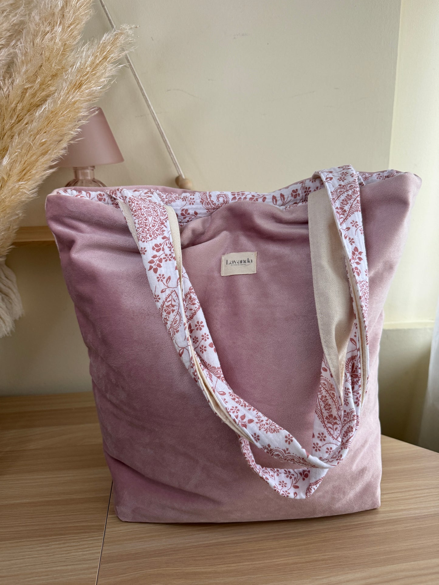 Bolsa tote de veludo rosa/linha baunilha